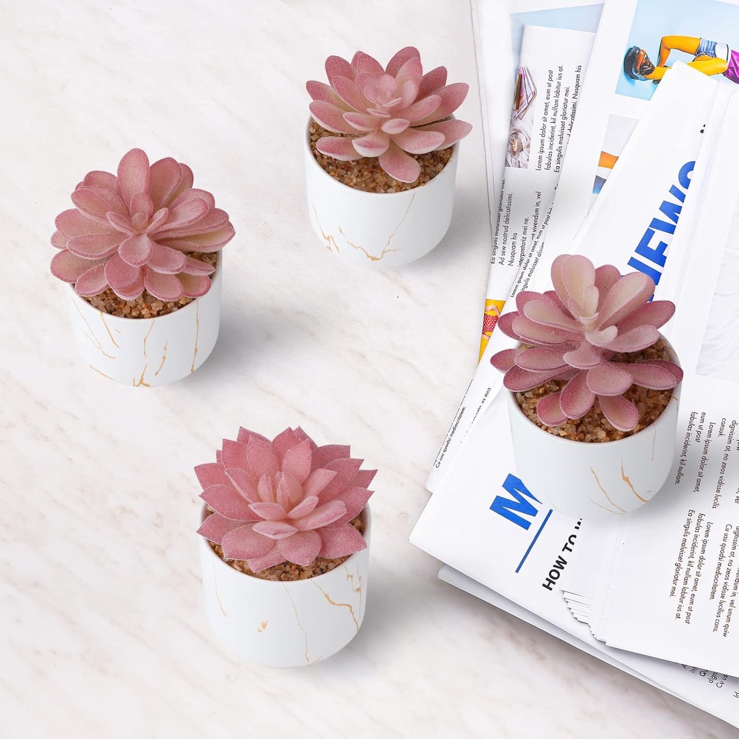 ZENIDA Succulent Artificial Plants,Cute Fake Succulents in 4 White Ceramic Pots,Small Fake Plants for Office,Table,Desk,Bathroom, Bedroom,Aesthetic Room Shelves Decor,Desk Decorations for Women Office