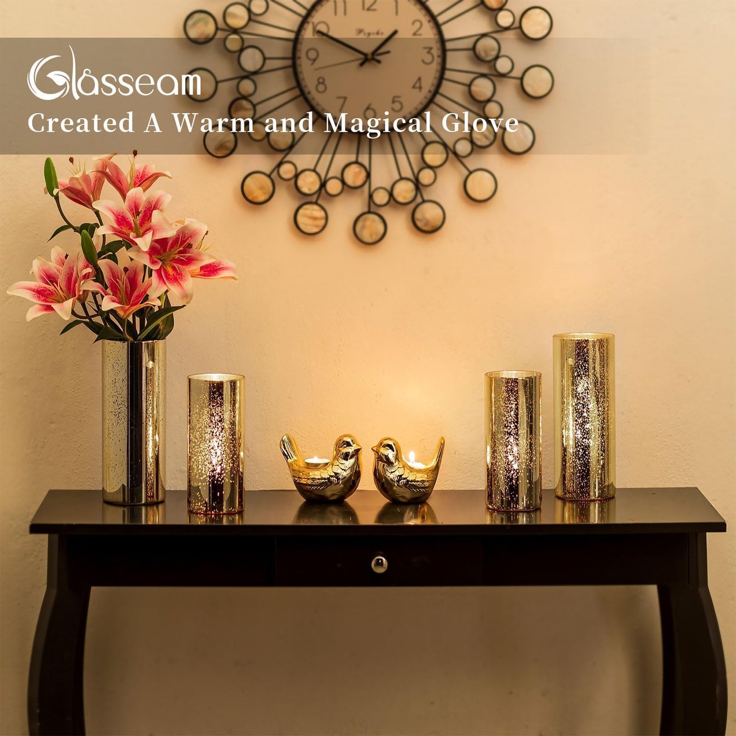 Glasseam Gold Cylinder Vases for Centerpieces: 12 Modern Mercury Hurricane Glass Vase Set for Flowers - Decorative Golden Pillar Candle Holders for Wedding Party Dining Room Table Decor