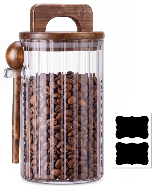 NiHome Ribbed Glass Coffee Container with Wooden Lid & Spoon, 27 oz Airtight Storage Jar for Coffee Beans, Tea, Sugar & Salt, Wide Mouth Food Canister with Ergonomic Handle