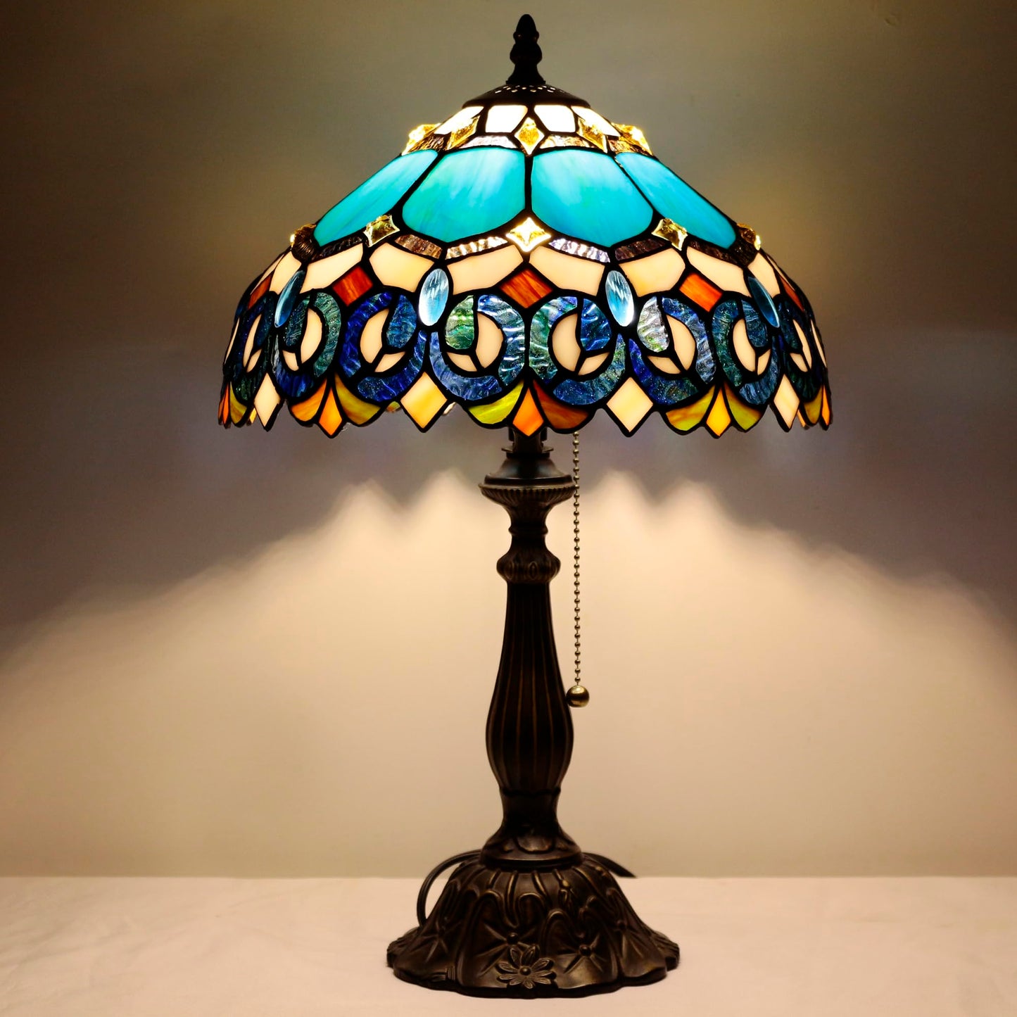 ZJART Tiffany Table Lamp Stained Glass 12X12X19 Inch Blue Jewelry Baroque