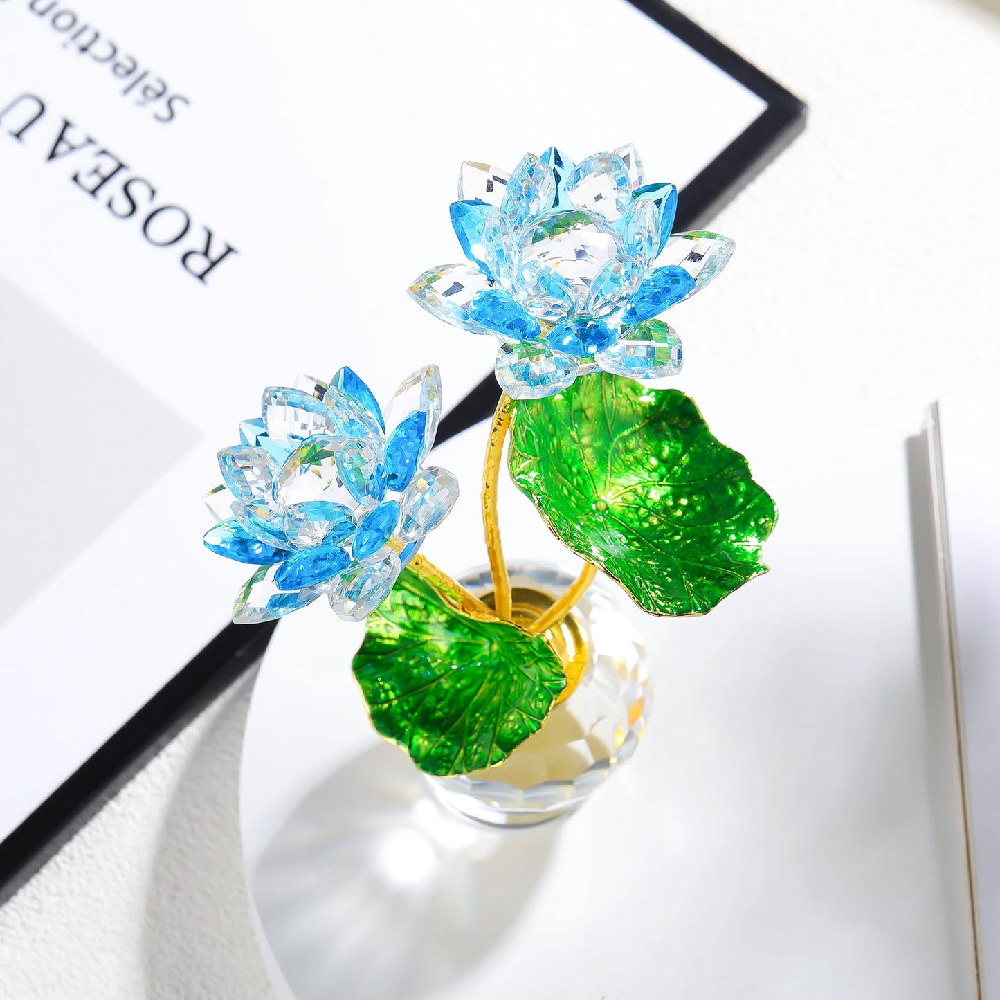 YWHL Blue Crystal Lotus Flower Figurine with Vase, Handmade Lotus Gifts Bouquet for Women on Birthday Christmas Mother's Day, Glass Lotus Flower Home Party Office Decor