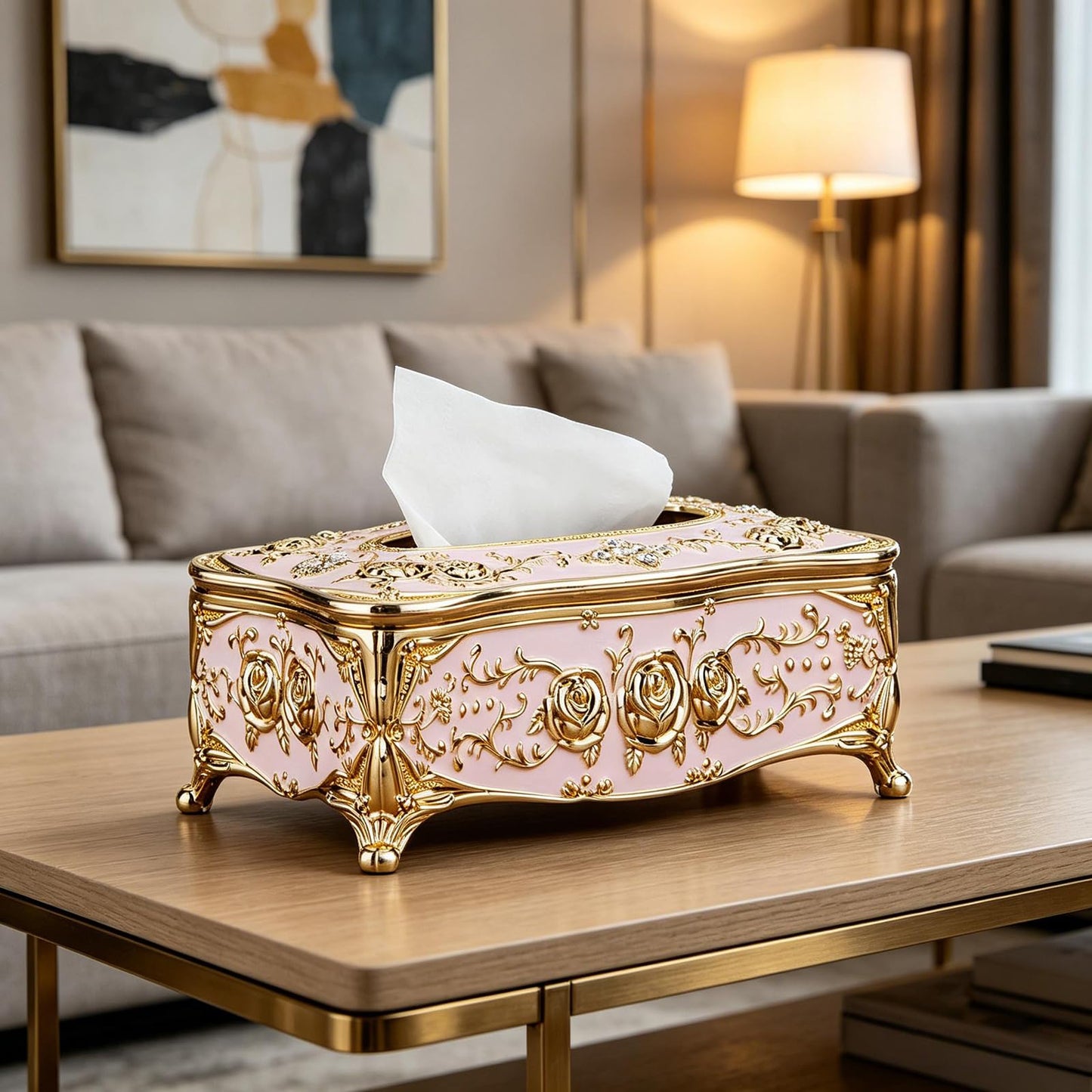 Moorfowl Vintage European Tissue Box Cover Rectangle Rose Pattern Long Tissue Box Holder for Bathroom Vanity Countertop, Bedroom Dresser, Nightstand and End Table (Gold Pink)