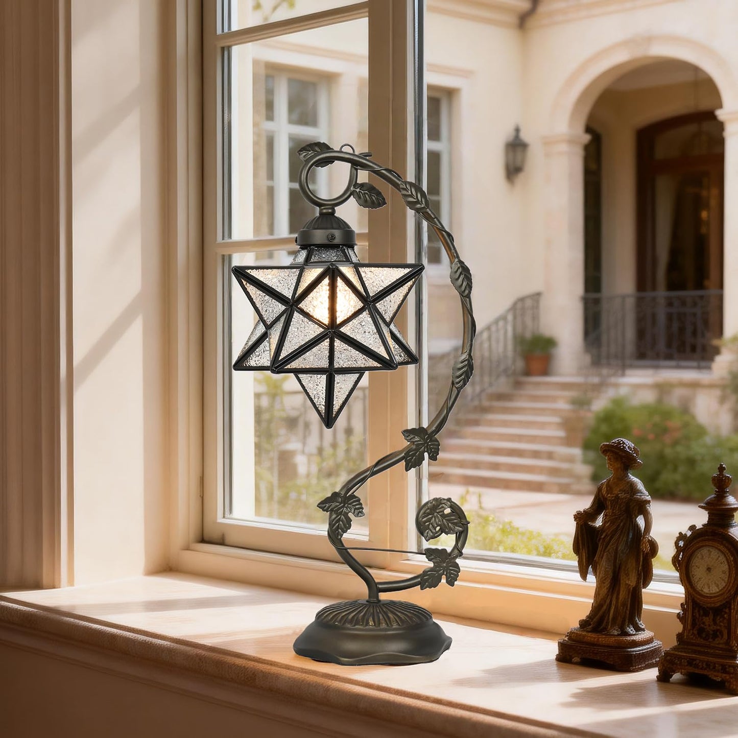 Star Glass Table Lamp, Vintage Style Table Lamp, 8x10x20 Inch – Bronze Metal Leaf Base Tiffany Lamp for Bedroom,Living Room,Study