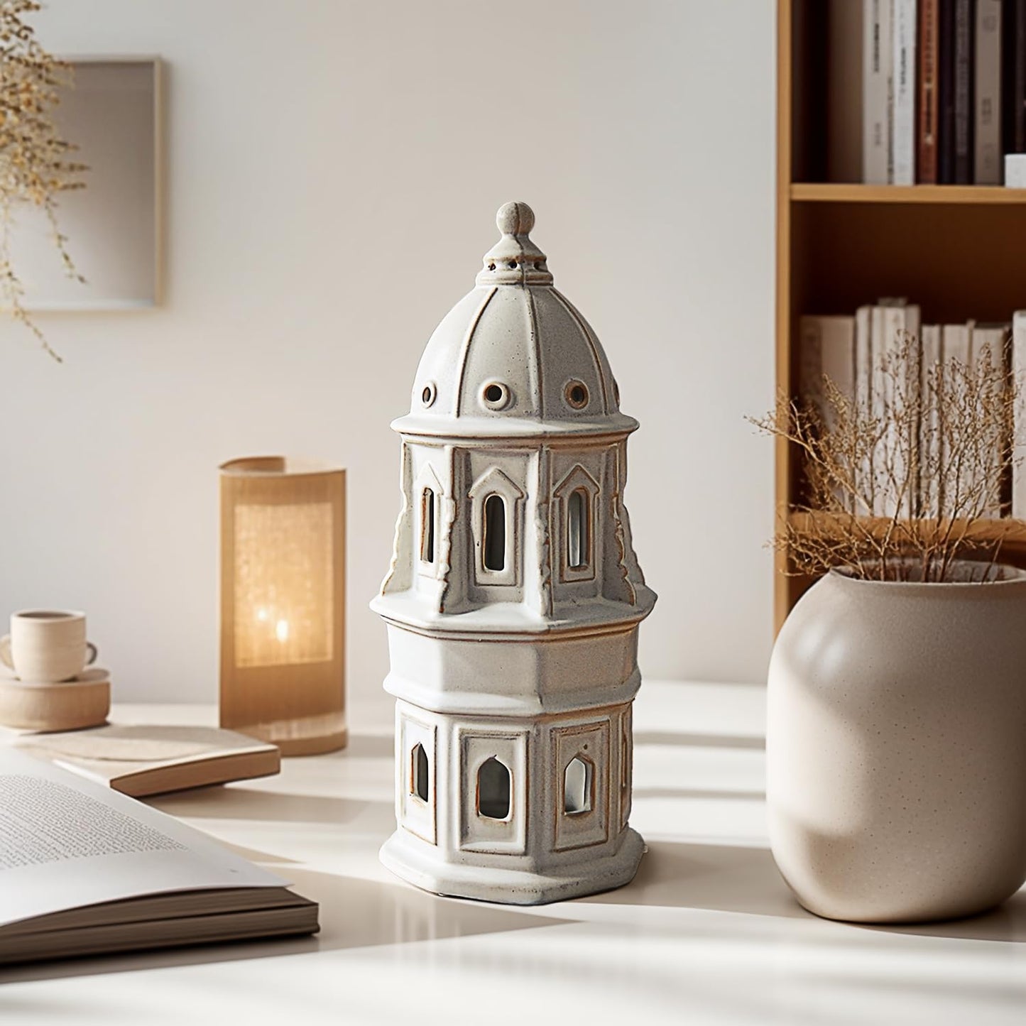LIZOFER Ceramic Home Decoration 12.6 Inch Tall European Dome Tower for Living Room Bedroom Office Modern Farmhouse Antique Rustic Nordic Ornament Desktop Fireplace Centerpiece Decor