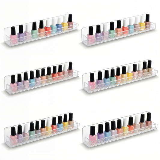 6 Pack Wall Mounted Acrylic Nail Polish Organizer Rack 15 Inch Clear Nail Polish Shelf with Removable Ends Multi-Purpose Shelf for Essential Oils Cosmetics Storage Display for Salon Bathroom