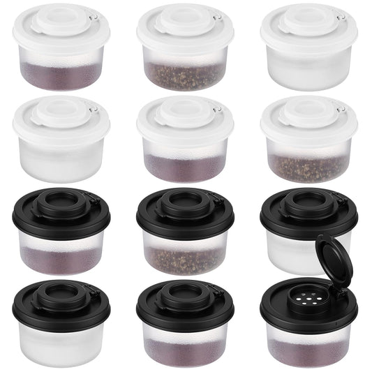 Acellegic 12 Pack Mini Salt and Pepper Shakers Moisture Proof Set Lids Plastic Airtight Dispenser for Camping Picnic Outdoors Kitchen Lunch Boxes Travel Spice(Black,White)