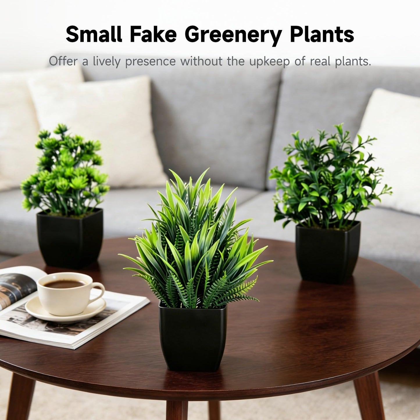 12 Pack Fake Plants in Black Pots, Mini Artificial Eucalyptus Potted Plants, Small Realistic Faux Greenery Fern Plants for Living Room, Bathroom, Office Table Decor