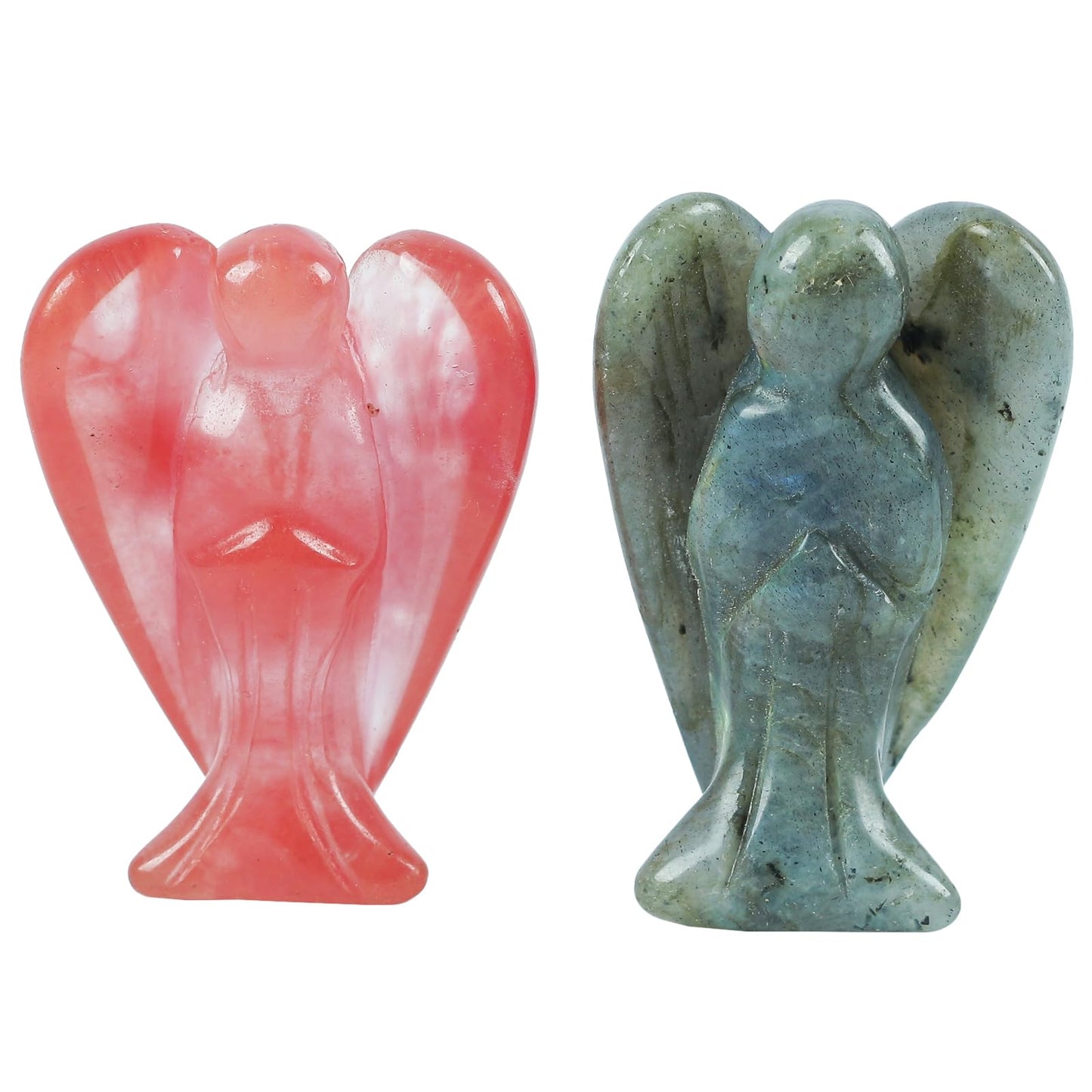 Loveliome Mini Crystal Angel, 2 Pcs Pocket Carved Gemstone Guardian Figurines Healing Statue Home Decor 1.5 inch, Cherry Quartz+Moonstones