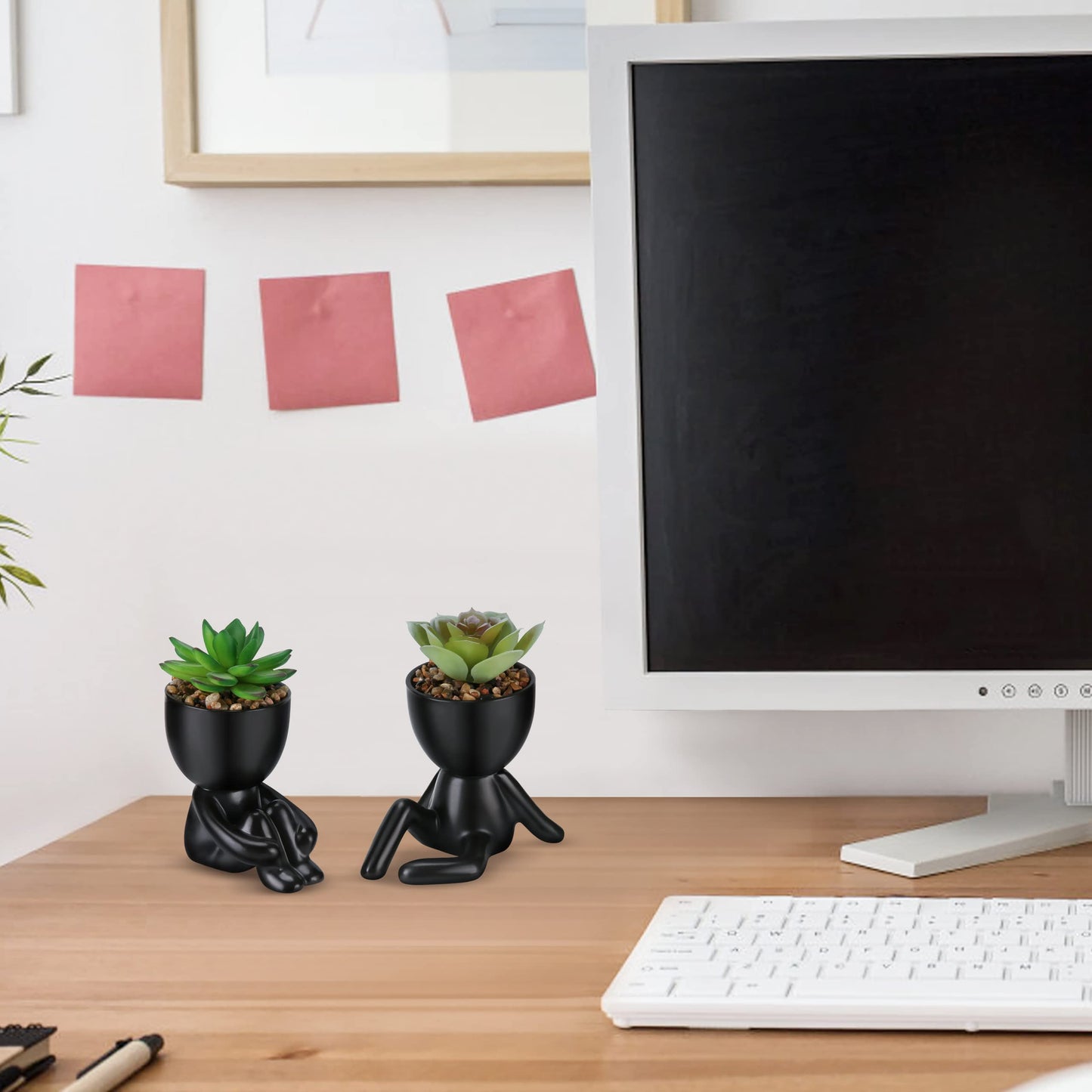 WOODWORD Fake Succulent, Mini Succulents Plants Artificial in Black Modern Human Shaped Ceramic Pots Desk Decor Desk Plant for Office Decor for Women, Cute Fake Plants Bathroom Decor 2PCS