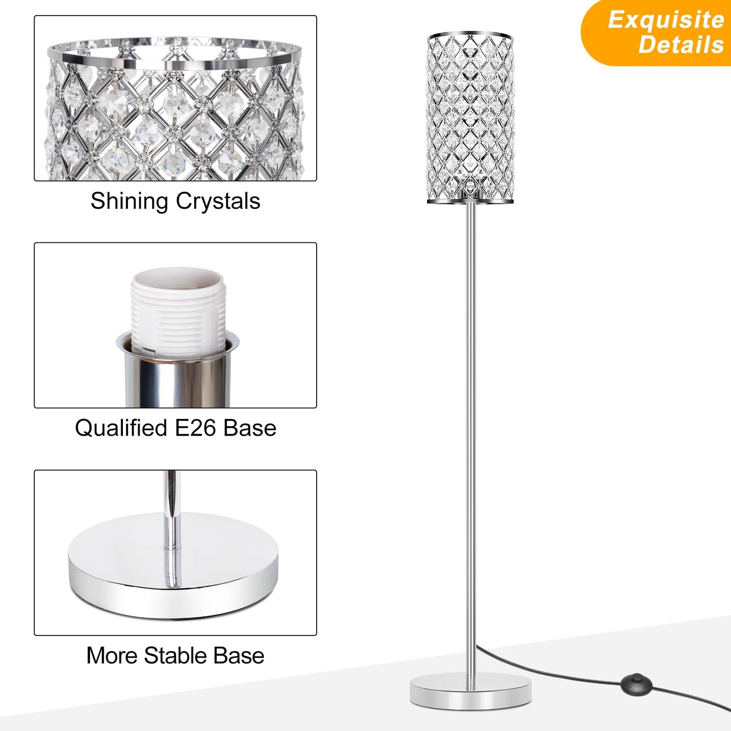 Crystal Floor Lamp, Silver Tall Pole Lamp with On/Off Foot Switch