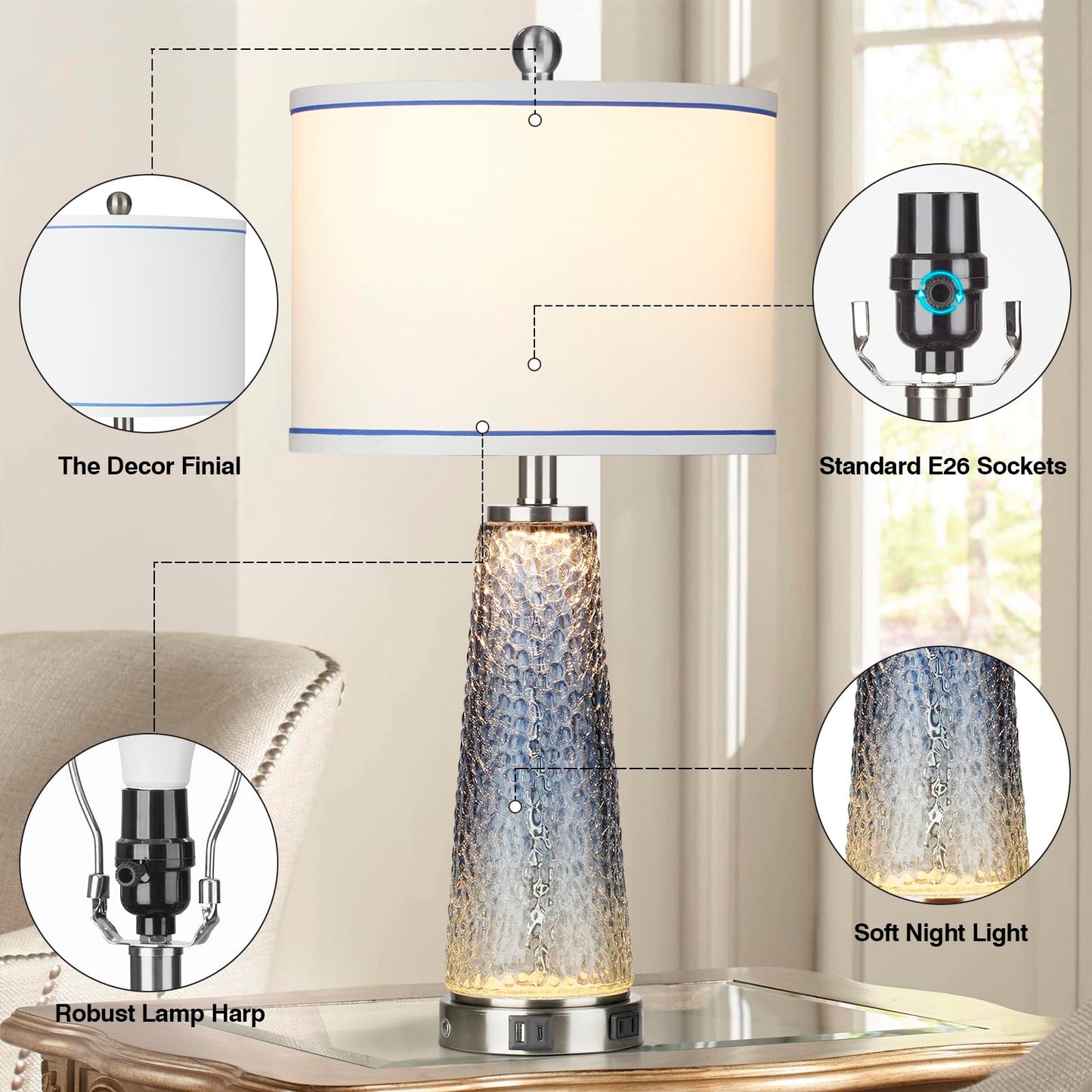 Coastal Glass Table Lamps for Living Room, 26" Table Lamps with USB A+C Ports & AC Outlet, Touch Control Bedside Nightstand Lamp with Crystal Night Light for End Table Office Desk Blue(Bulbs Included)