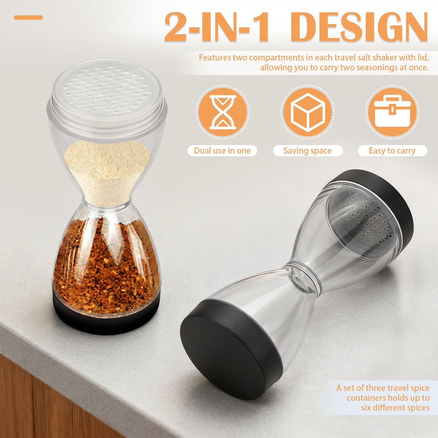 Sekonow 3 Pack Travel Salt and Pepper Shakers, 2 In 1 Portable Small Camp Seasoning Spice Containers with Moisture Proof Lid, for Camping Kitchen, Outdoor, Picnic, BBQ