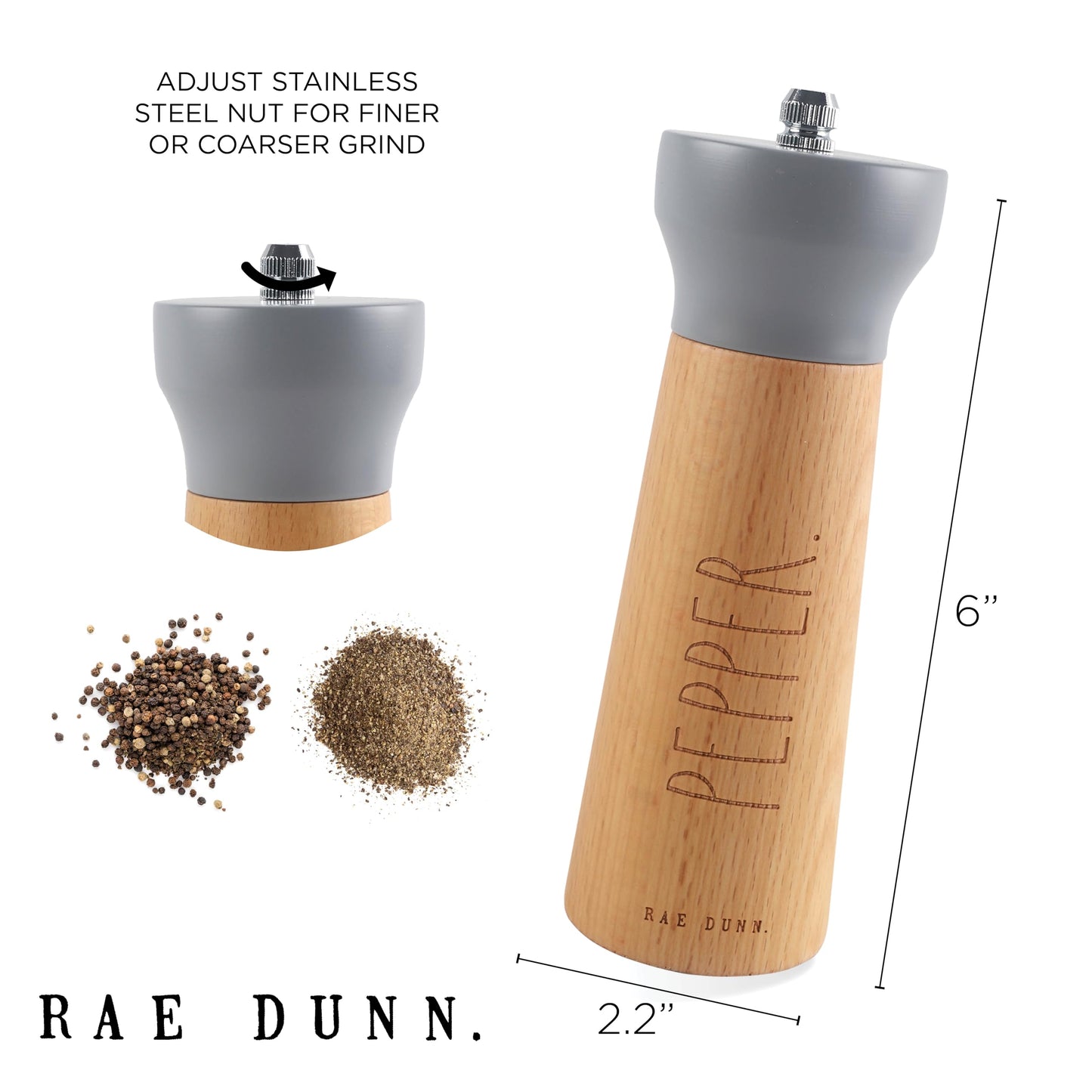 Rae Dunn Salt and Pepper Grinder Set of 2 - Bamboo Sea Salt Pepper Grinder - Classy Salt and Pepper Shakers - Pepper Mill & Salt Mill, Gray