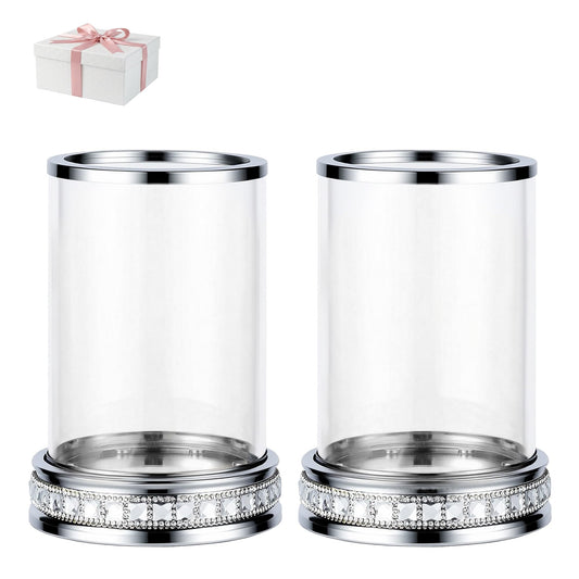 2pcs Hurricane Candle Holder, Pillar Candle Holders with Clear Glass Sleeve, Small Crystal Lantern for Fall Thanksgiving Christmas Holiday Dining Table Centerpiece (Silver)