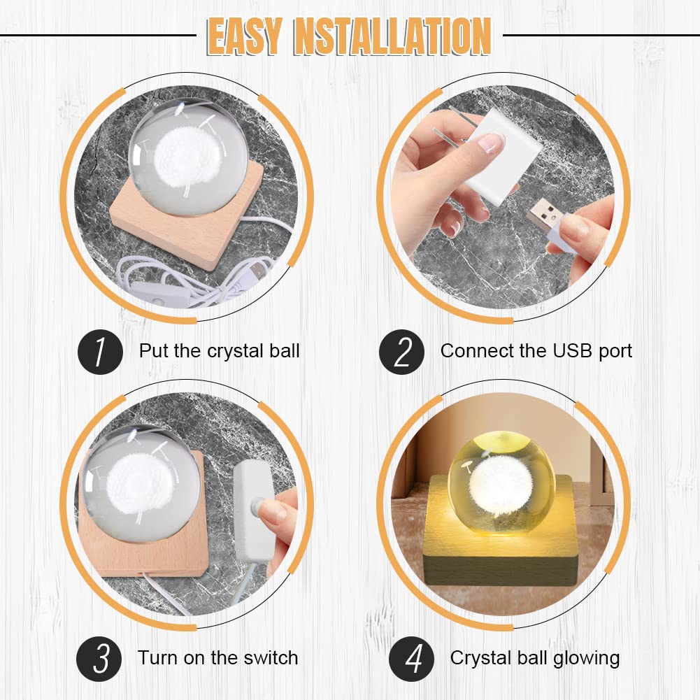 4pcs Wooden Light Base, Round & Square Crystal Sphere Pedestal Stand with USB Cable Switch, Light Display Base for Illuminate 3D Crystal Ball Aroma Stone Resin Art Ornament