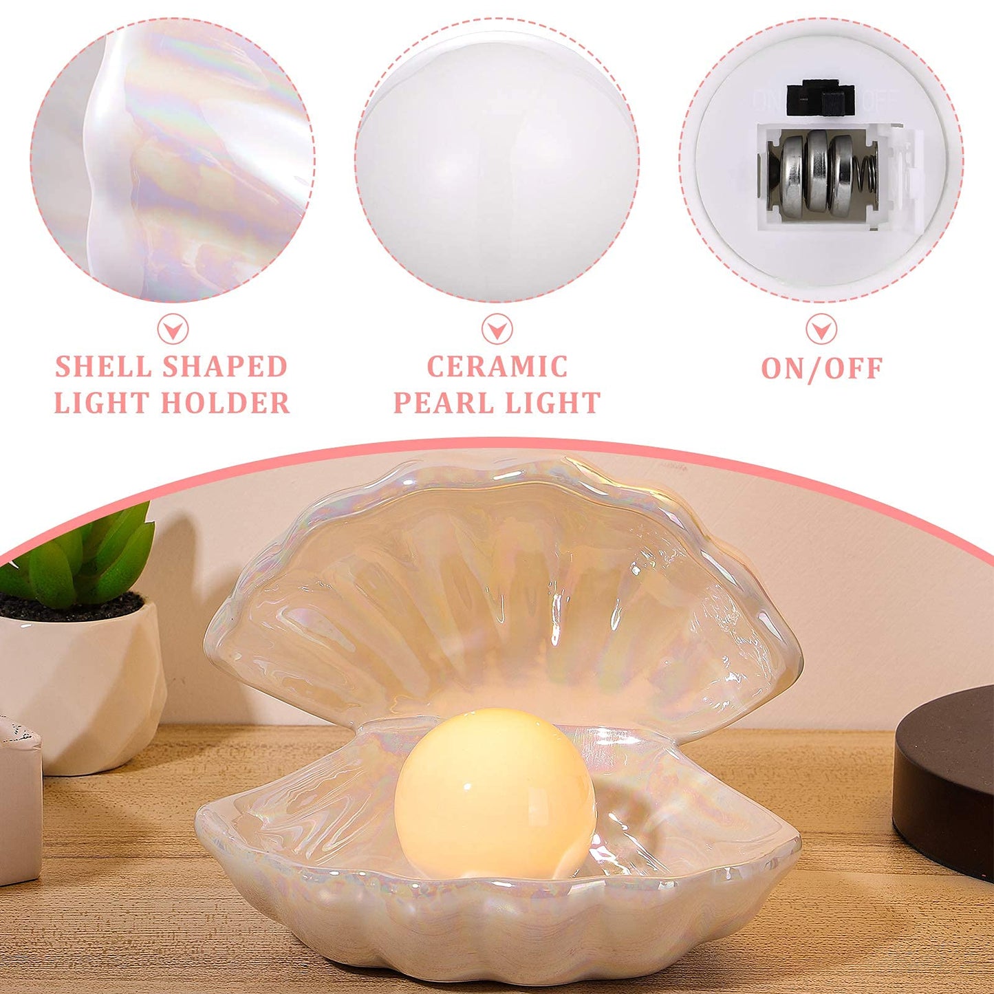 IMIKEYA Ceramic Shell Pearl Light, White LED Clam with Pearl Light in Shell Lamp for Tabletop Decoration, Souvenir, Birthday Gift