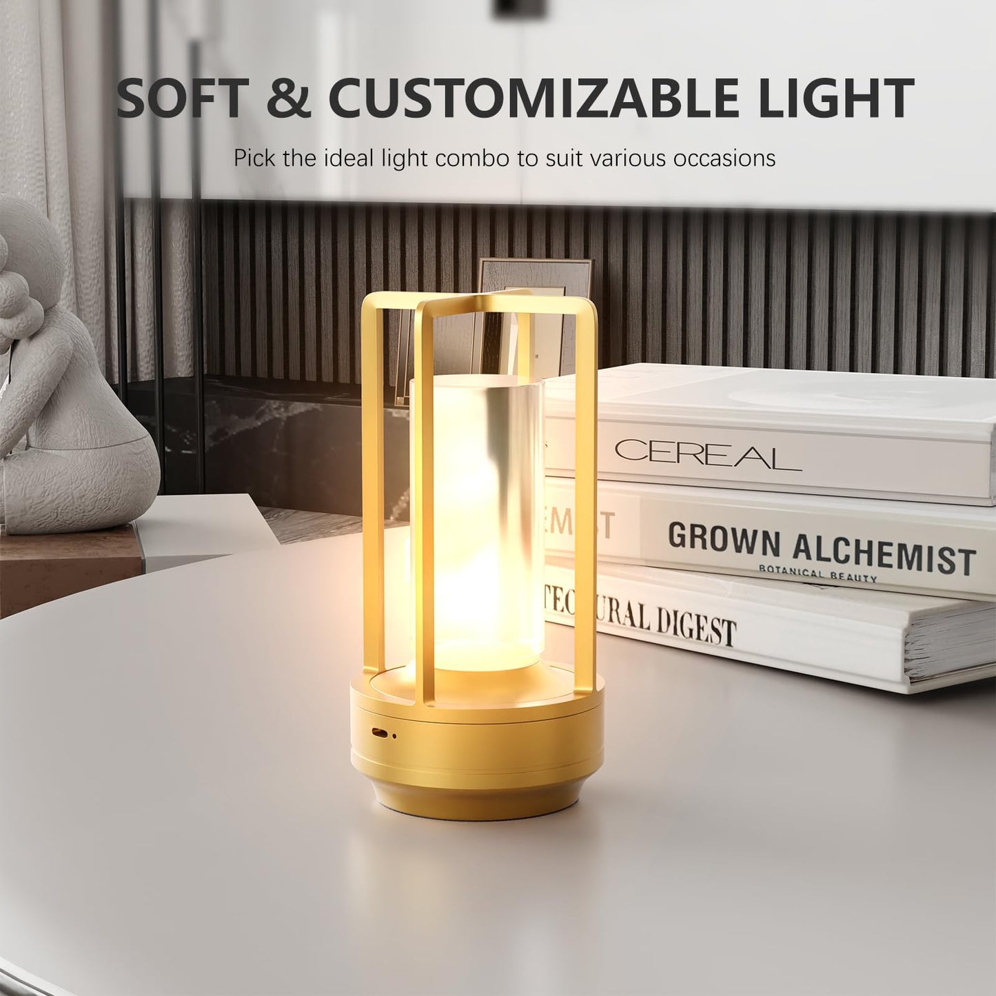 Anznzem Table Lamp, Portable Cordless Rechargeable LED, 3-Colour Dimming, Gold, Ideal for Bedroom, Outdoor, Restaurants, Bars, Coffee Shops, Camping