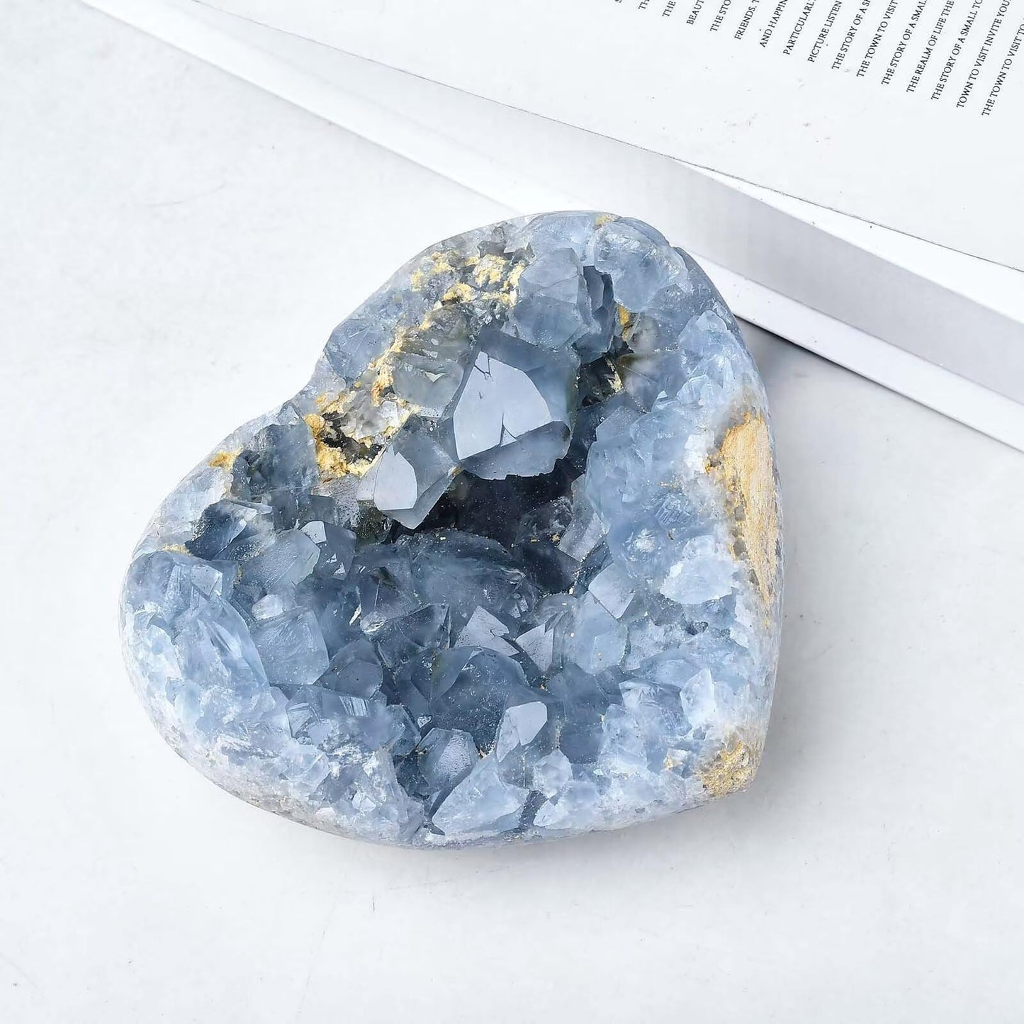 FZBHRO Extra Large Blue Celestite Geode Heart Healing Crystal Stone Collection Mineral Specimen with Stand Home Office Decor 0.4-0.6 Pound