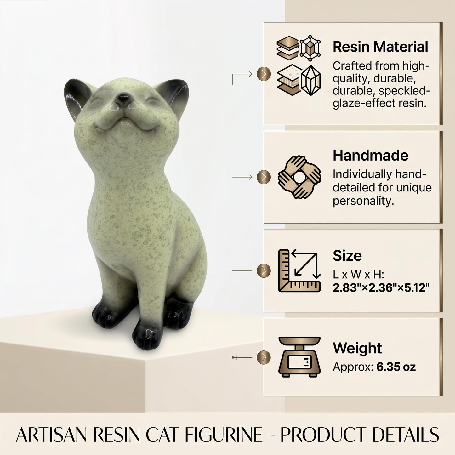 Speckled Resin Cat Figurine, Glossy Sitting Cat Statue, Cream and Black Decorative Cat Sculpture for Bookshelf, Desk, Shelf, Tabletop, Living Room, Office, Bedroom Decor, Gift for Cat Lovers (Cat)