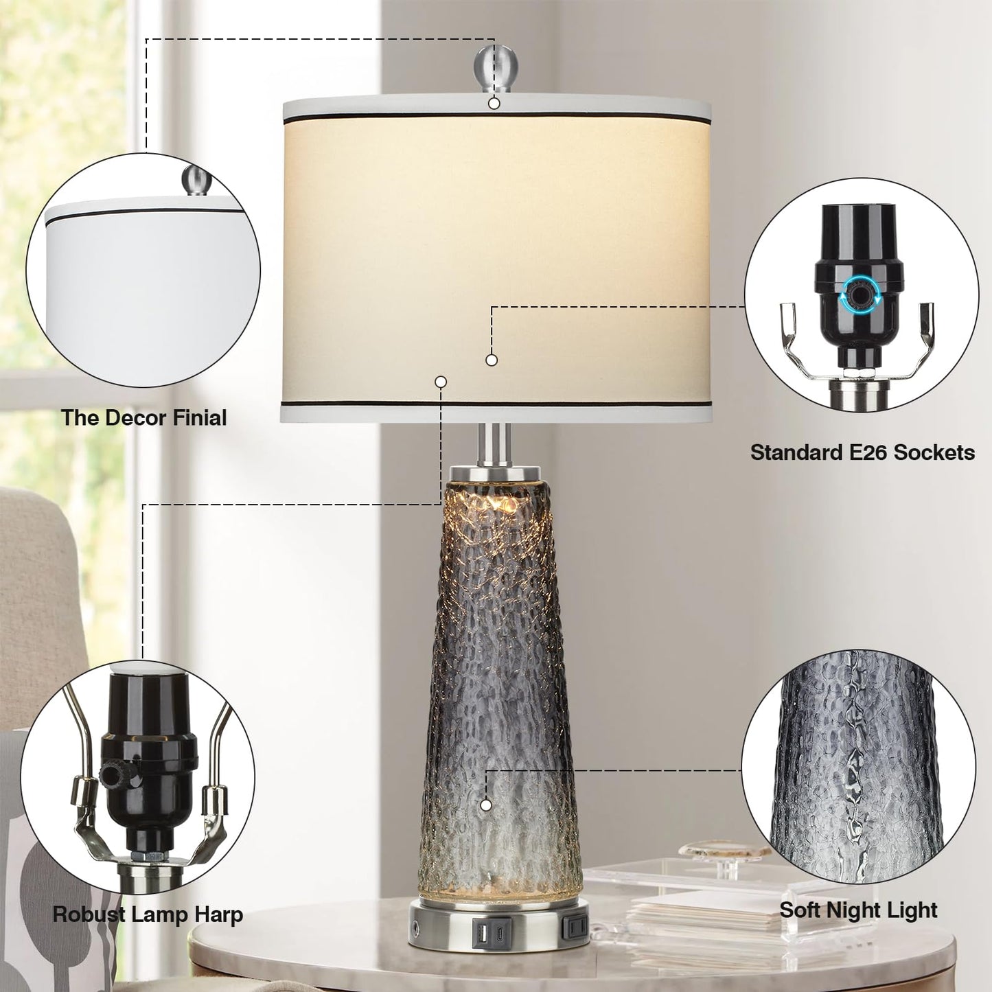 Glass Table Lamp Set of 2, 26" Modern Table Lamps with USB A+C Ports & AC Outlet, Touch Control Bedside Nightstand Lamp with LED Night Light for Living Room Bedroom Home Decor Black(4 Bulbs Included)