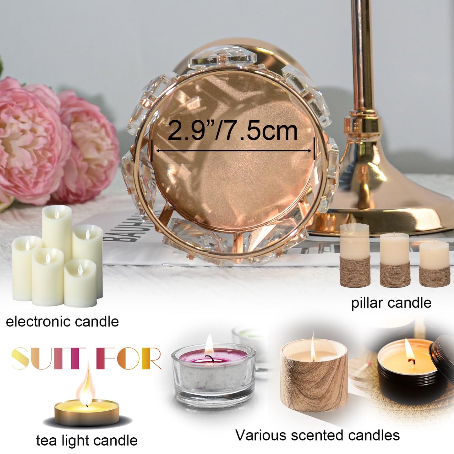 Set of 3 Cup Crystal Tealight Candle Holders, Centerpieces for Table Wedding Centerpieces Crystal Decorative Tealight Candle Dining Table Candle Holder Decor for Party (8.7"+10.6"+12.2", Gold)