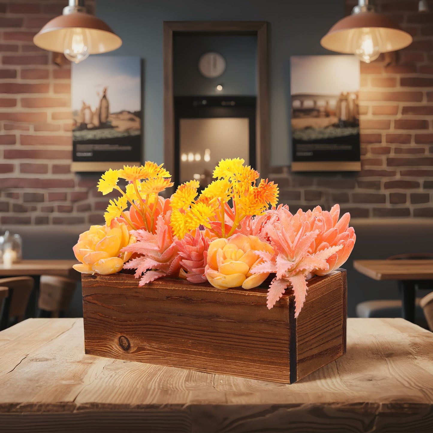 Solsew Assorted Artificial Succulent Arrangement Plants in Rustic Burnt Wood Rectangular Planter Box Faux Succulent Centerpiece for Table Home Garden Windowsill Greenery Decor(Yellow,Spark Style)