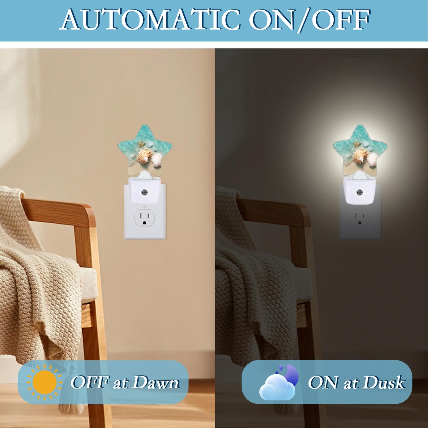 SKYDAWNY Beach Starfish Shells Plug-in Night Light with Dusk-to-Dawn Sensor for Bathroom,Bedroom and Hallway Sleep Friendly Lamp for Women/Girls/Boys Gift,0.5w