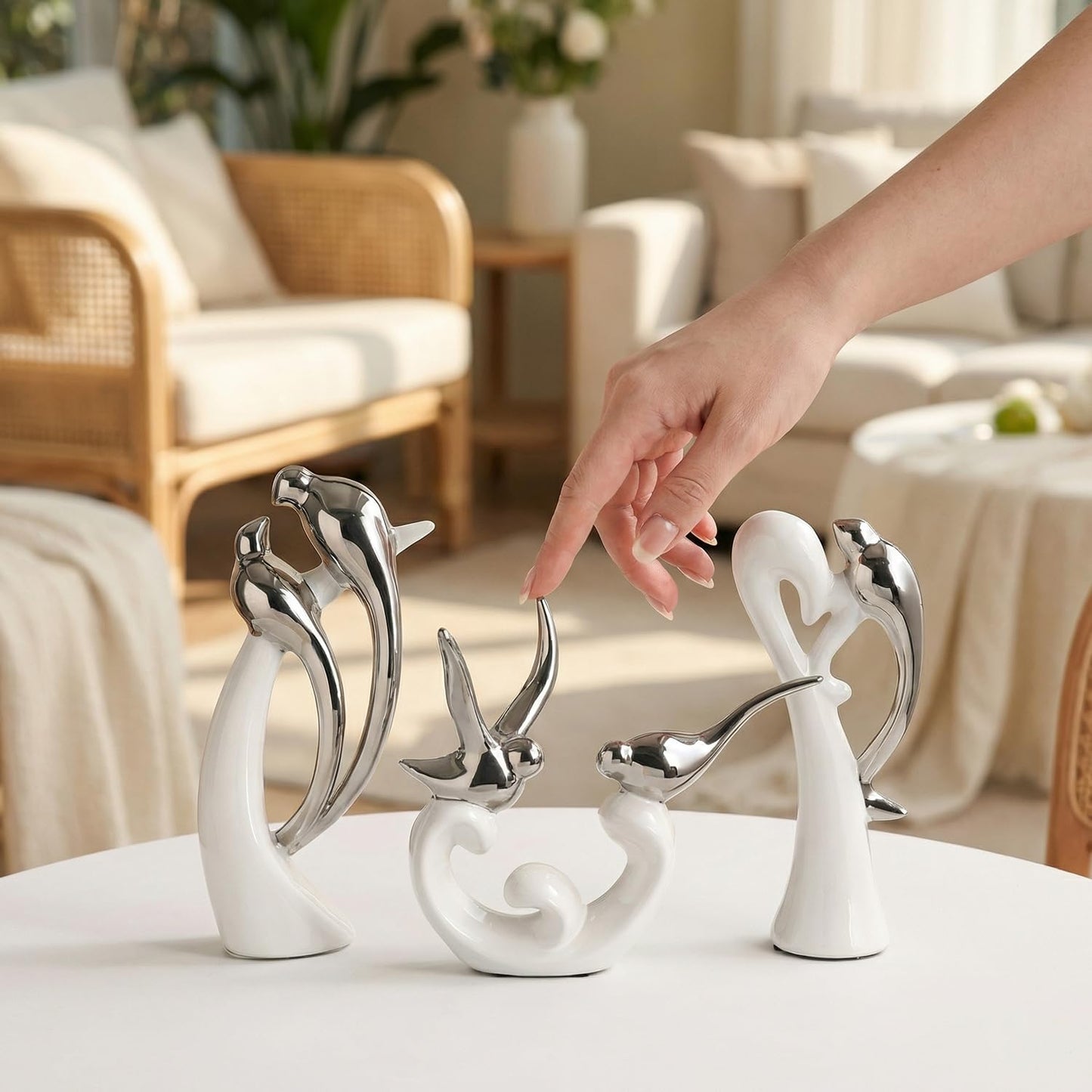 Dneuoir Ceramic Statues Set of 3, Birds and Base Sculpture Modern Home Decor Aesthetic Abstract Decorative Statue for Living Room Bedroom Bookshelf Dining Table Centerpiece Office (White and Silver)