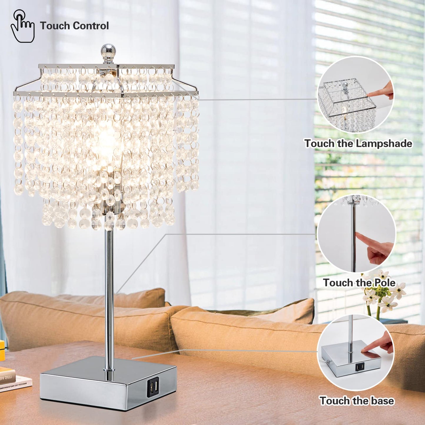 Touch Crystal Table Lamp Silver, Bedside Lamp with USB C+A Ports, Dimmable Nightstand Lamp with Crystal Shade, Bedroom Lamp for Girls Bedroom, Living Room, Bulb Included