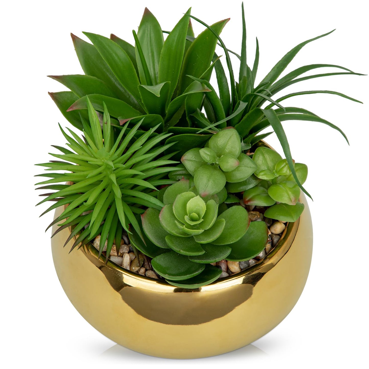 Hollyone Succulents Plants Artificial in Pots Fake Succulents for Outdoors Indoor Faux Succulent Arrangement Potted Plant in Gold Ceramics Planter Bowl for Garden Office Desk Living Room Home Decor