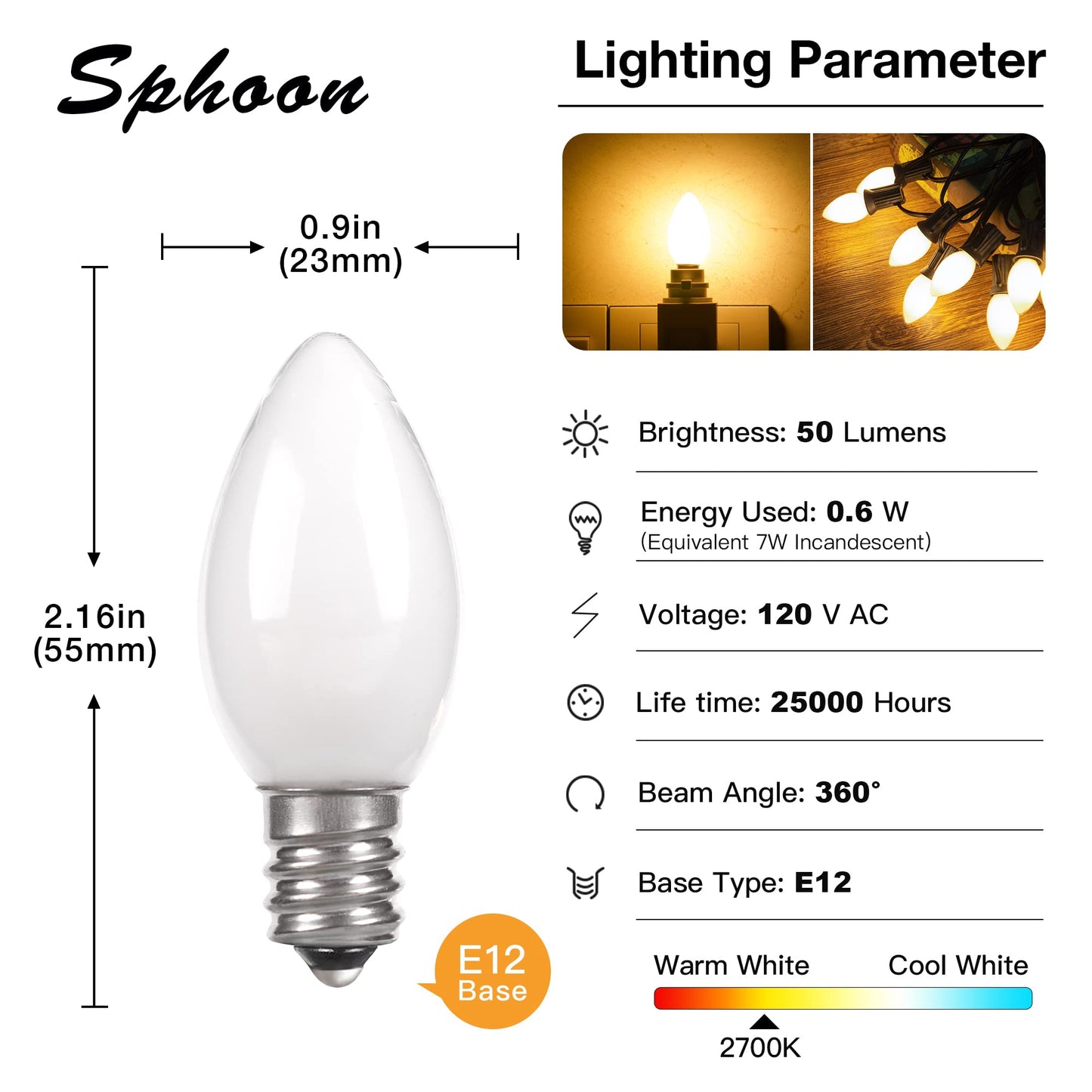 Sphoon 25 PackC7 Candelabra Led Light Bulbs, Small Night Light Bulb, 0.6 Watt Equivalent 7W Incandescent, E12 120V Lamp, Warm White 2700K Nightlight Replacement Bulb for Window Candle & Chandeliers
