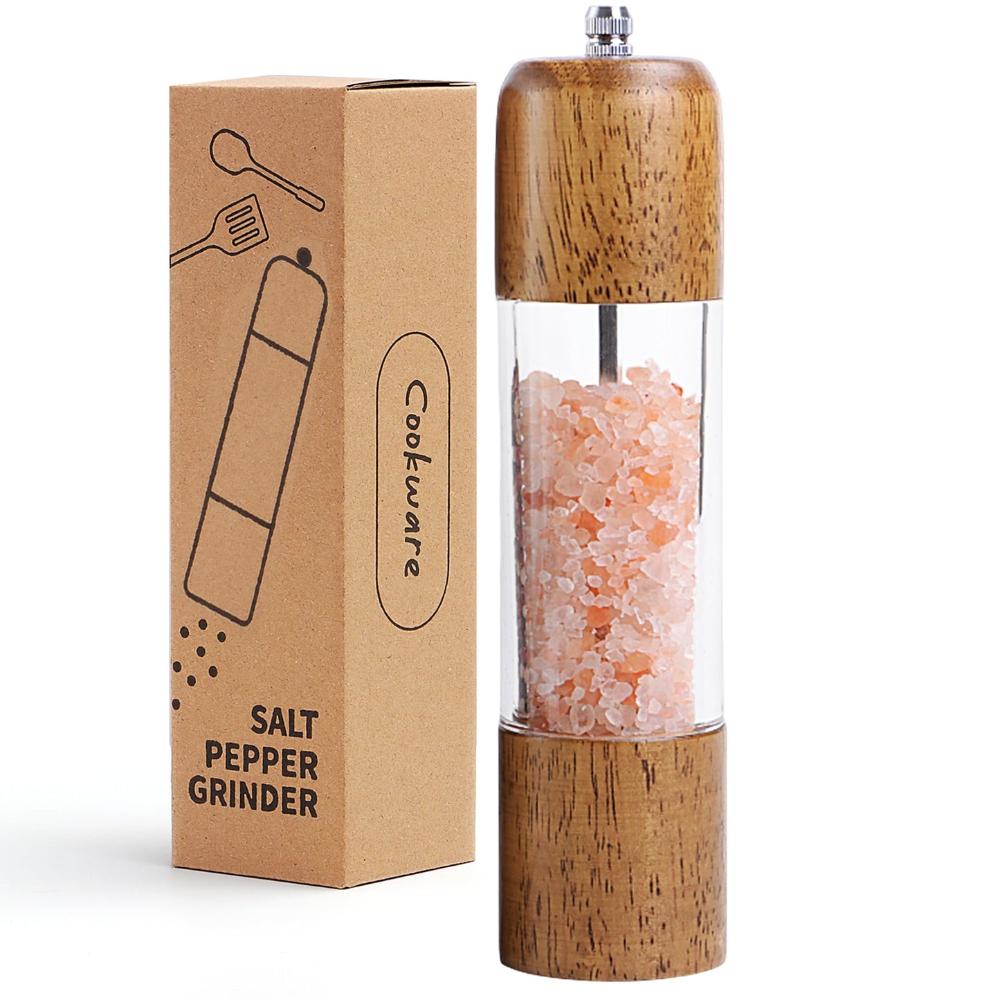 Wood Salt and Pepper Grinder, Manual Premium Acrylic Salt Grinder and Pepper Mill, Oak Wood Shakers with Adjustable Ceramic Grinders, Kitchen Cooking Gifts for Women Mom Men Dad- 8 inches, 1 Pack