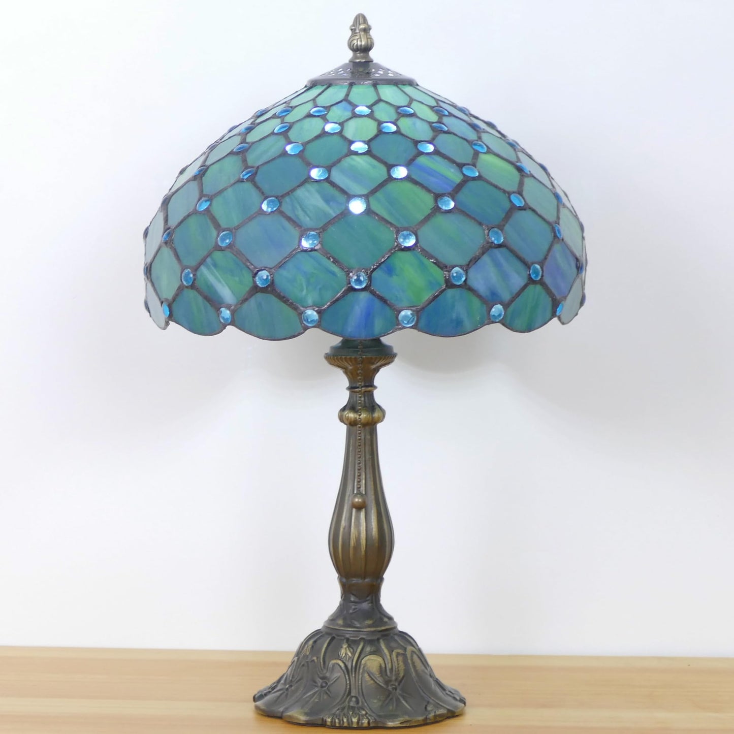 WFAYNTIFL Tiffany Lamp Stained Glass Table Lamp Antique Bedside Reading Light W12H19 Inches (Sea Blue Pearl)