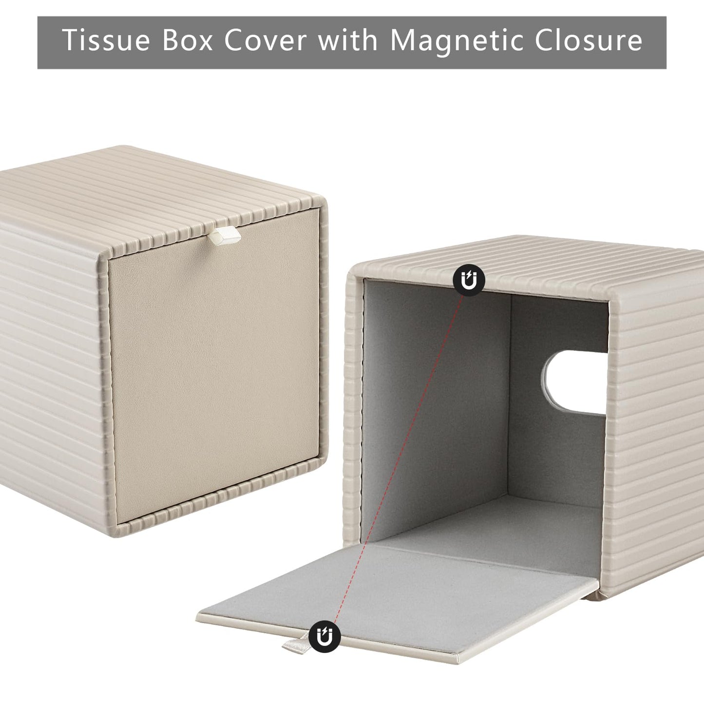 XNONE PU Leather Tissue Box Cover Square Tissue Box Holder for Bathroom Vanity Countertop Night Stands Bedroom Office Desk,Modern Tissue Decorative Organizer with Magnetic Closure,Beige