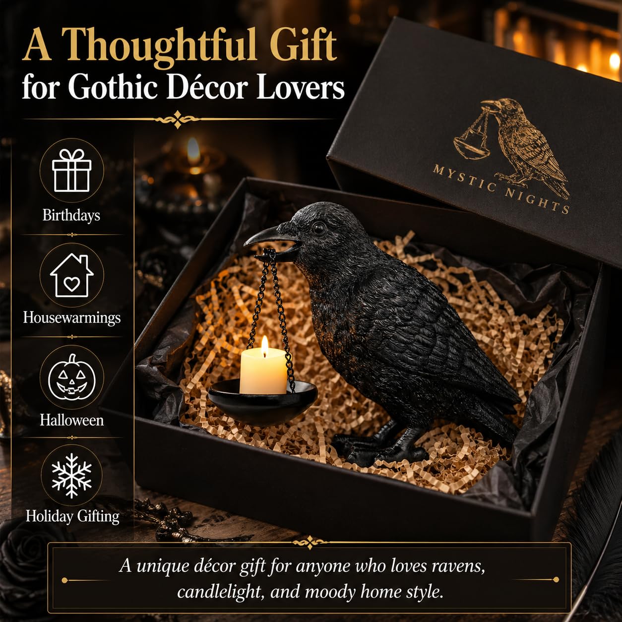 Gothic Crow Lamp with Tealight Candle Holder Raven Statue Halloween Decor Black Bird Decorations Indoor Gothic Home Decor for Living Room Tabletop Shelf Bedroom Unique Goth Witchy Gifts