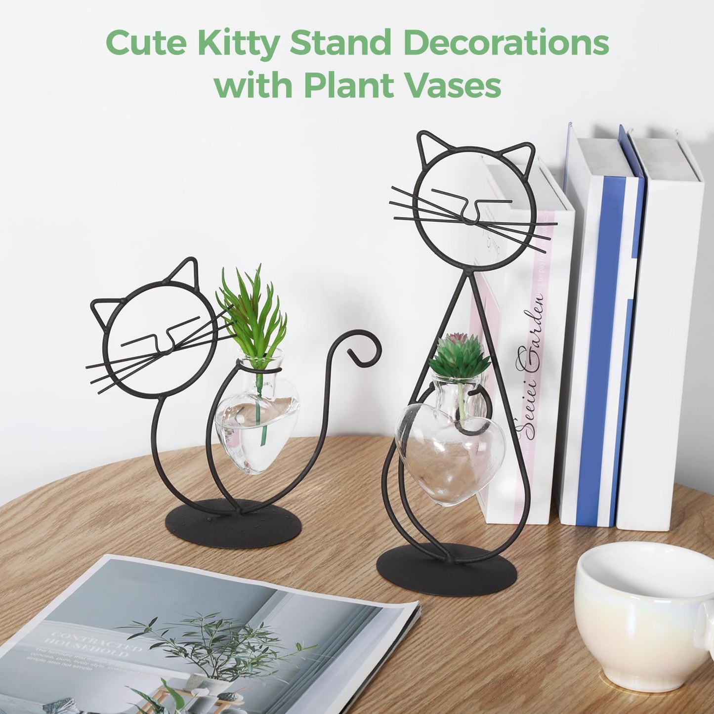 Kitty Vase Propagation Stations, 2 PCS Iron Stands with Glass Terrariums for Indoor Plants, Cute Hydroponic Bulb Planters, Propagated Plant Jars, Propogation Station Vase for Aquatic Plants Ferns