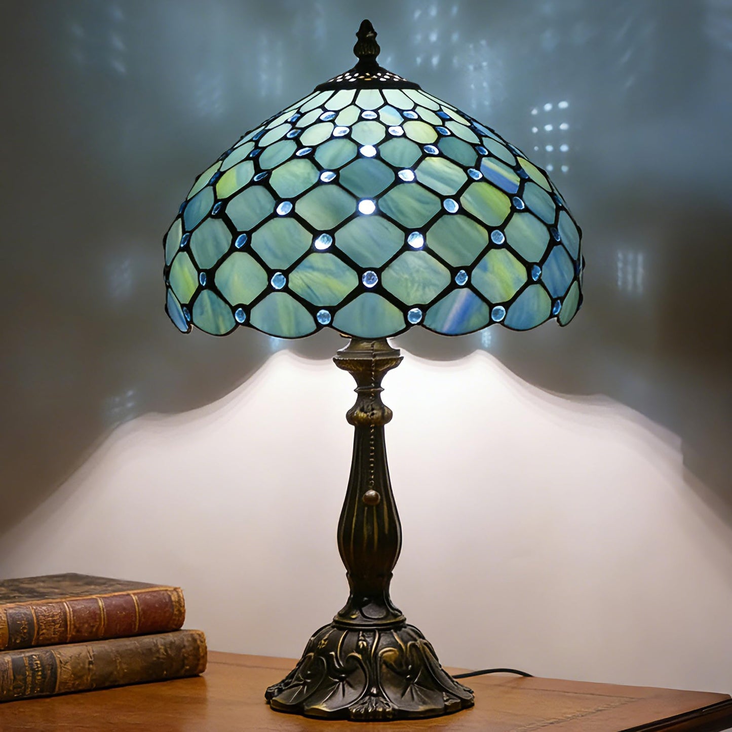 WFAYNTIFL Tiffany Table Lamp Stained Glass Sea Blue Pearl Style W12H19 Inch