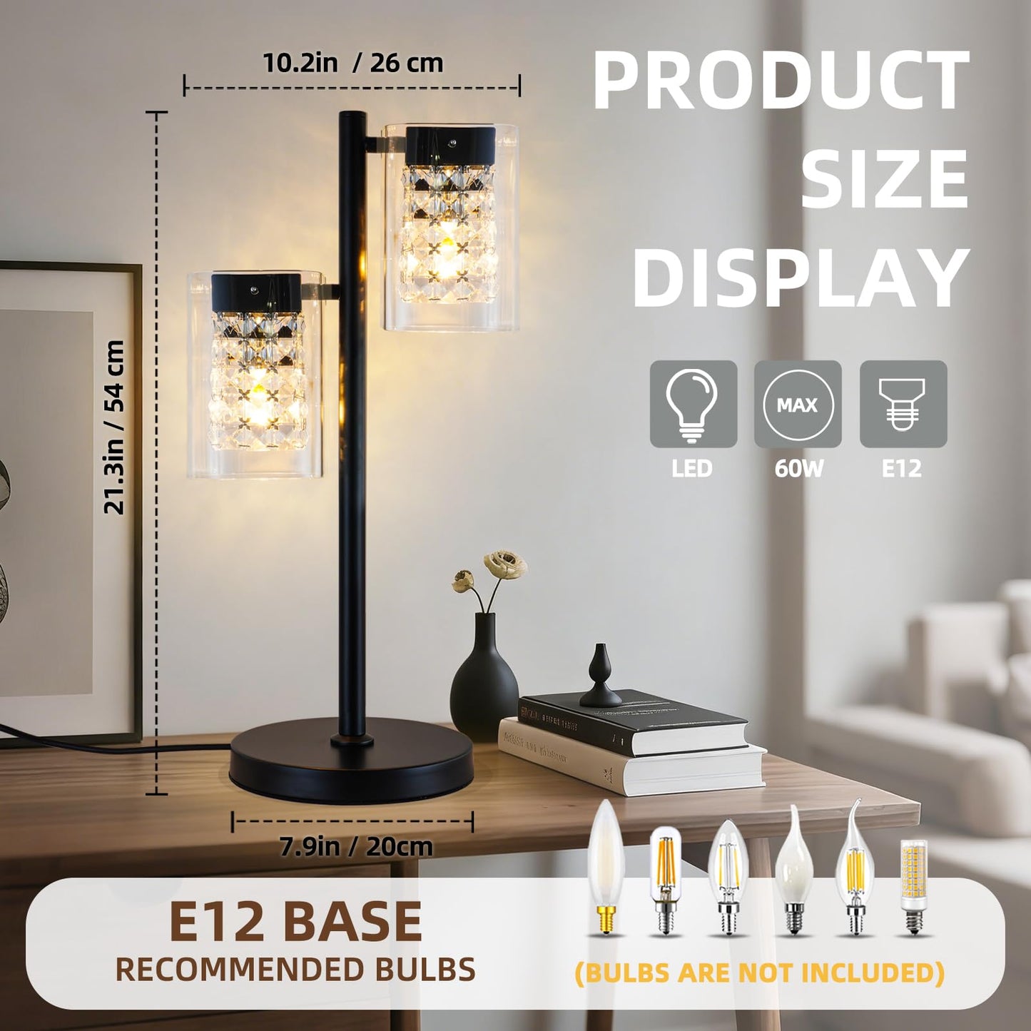 TYhogar Crystal Table lamp-Modern Black Lamps for Living Room,Plug in Bedside Lamps with Switch,Elegant Desk lamp for Room Decor,Bedroom,Dining Room,23" Tall