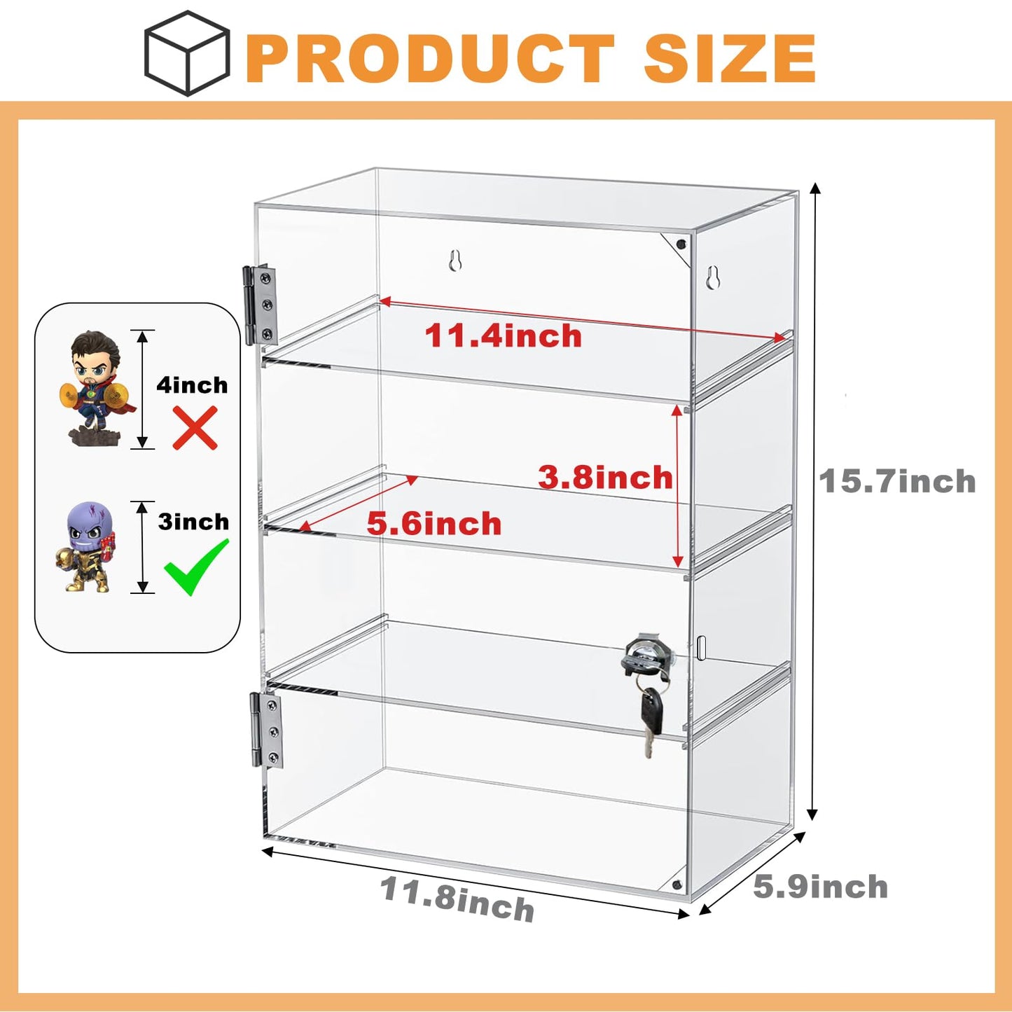 Acrylic Display Case with Lock Key 4 Tier Clear Display Case Locking Cabinet for Collectibles Figure Knife Rock Perfume Countertop Retail Showcase Display Box Wall Mount with Shelves 11.8x5.9x15.7 in