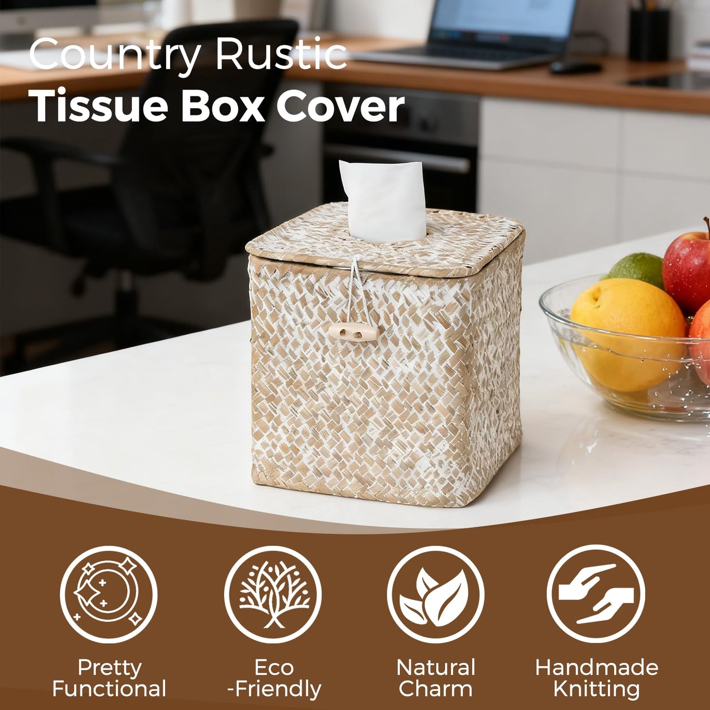 S310 Tissue Box Cover Square, Woven Seagrass Tissue Box Holder with Lid, Wicker Tissue Box Decorative Facial Cube Tissue Cover for Bathroom Office Table, Whitewash