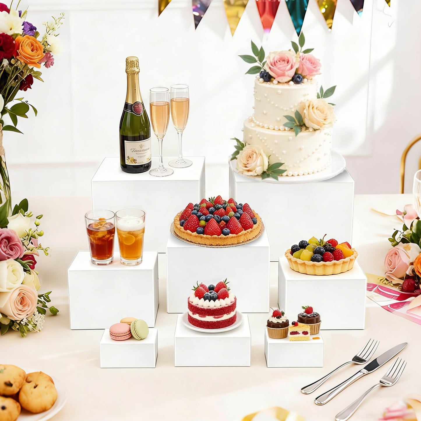 ABenkle 6Pcs White Acrylic Buffet Risers, Buffet Table Risers and Stands, Food Risers Display Shelf for Party Catering Dessert Cupcake,Cube Display Box with Mini Sign