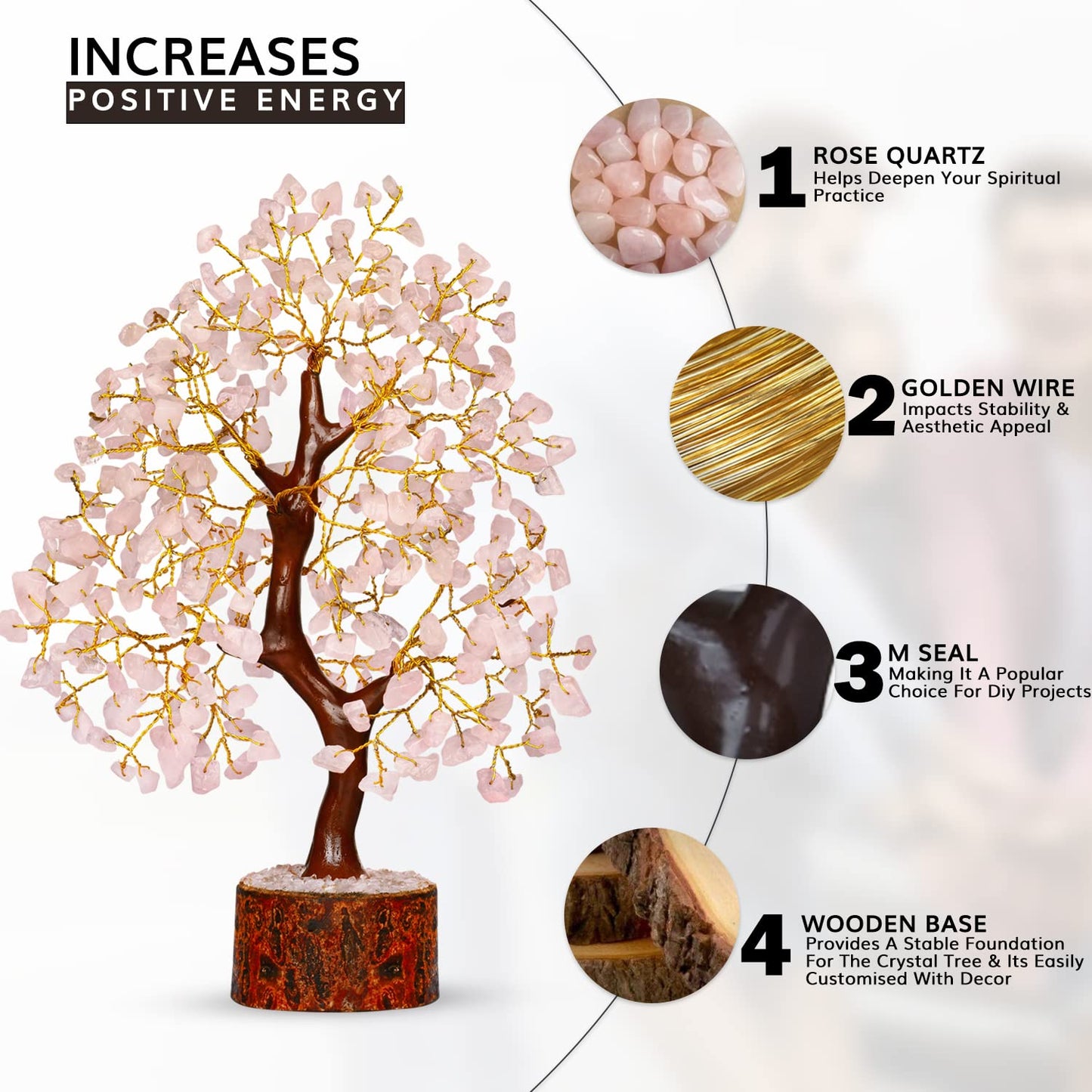 NARIBABU Rose Quartz Crystal Tree with Golden Wire – 10-12 Inch Gemstone Tree on Wooden Base – Gifts for Her, Crystal Decor, Spiritual Gift, Birthday Gift for Women, Healing Trees for Home
