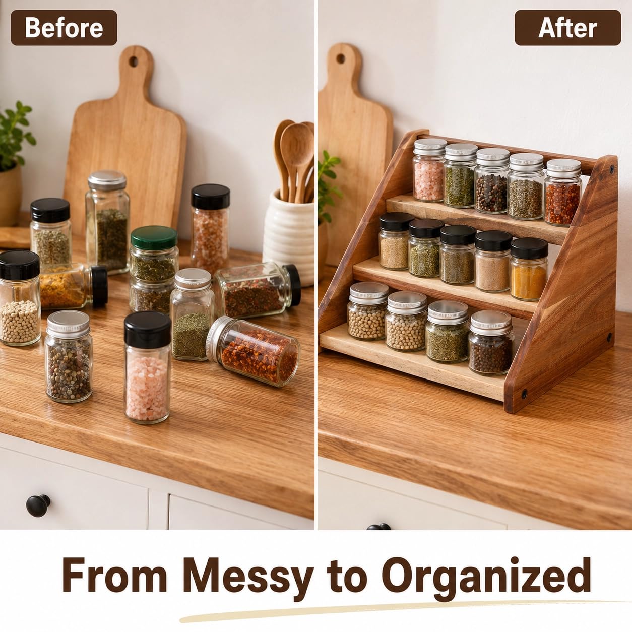Ninebendstreams Acacia Wooden Spice Rack Organizer for Cabinet Wood Spice Shelf Organizer for Kitchen Pantry Storage Organizer 3 Tier Countertop