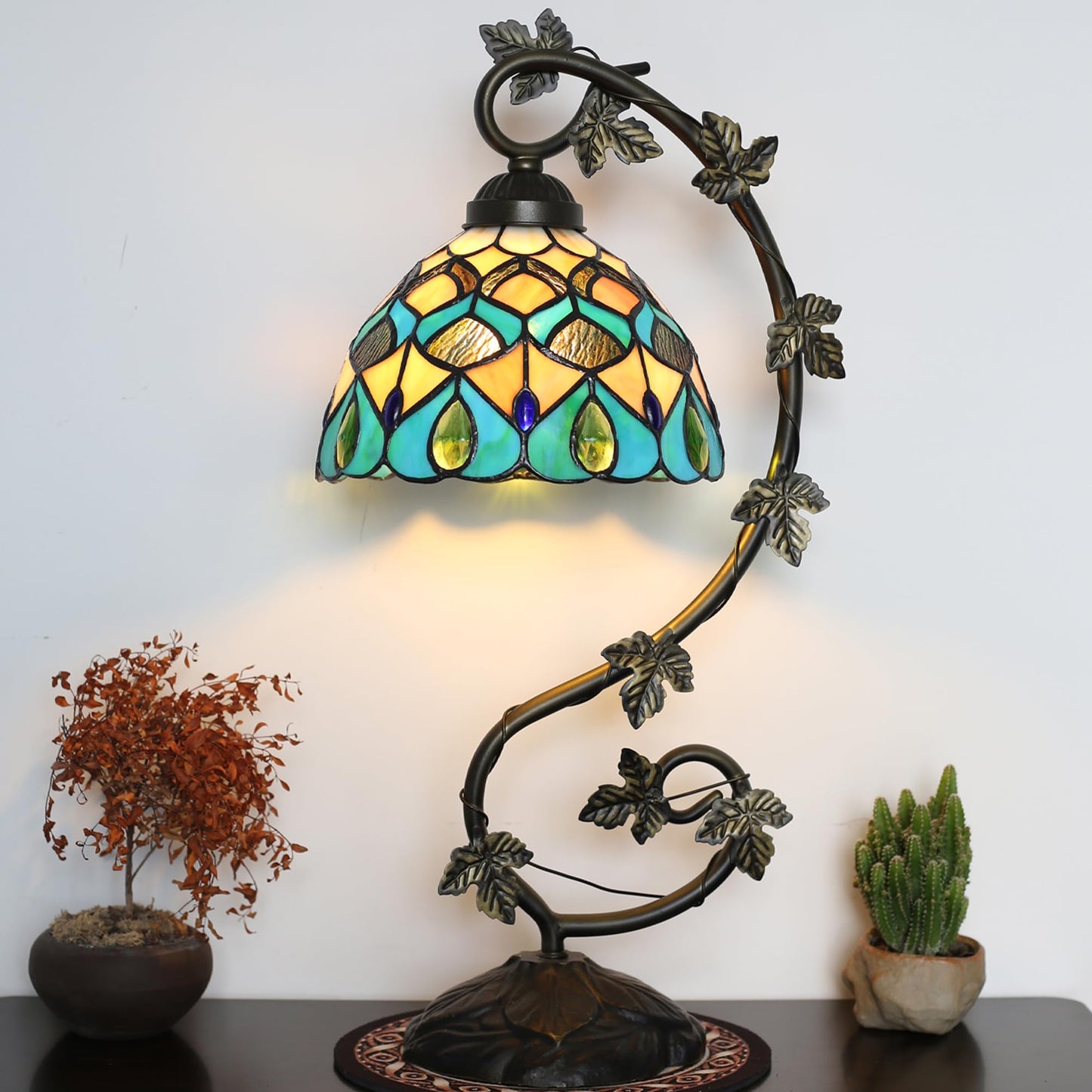 ZYLINX Small Tiffany Lamp Stained Glass Desk Light Blue Phoenix Tail Style