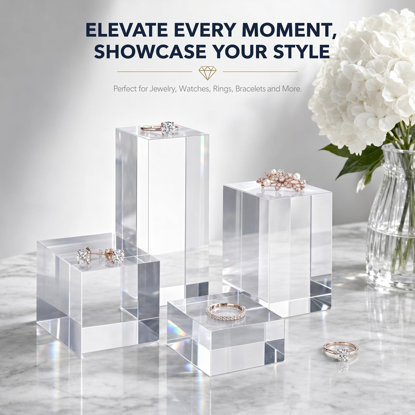 Funzhan 4 Pcs Acrylic Square Display Blocks,4 Size Clear Polished Acrylic Cube Risers,Acrylic Base Stand for Photography Props ,Jewelry, Cosmetics, Crafts & Boutique Showcases