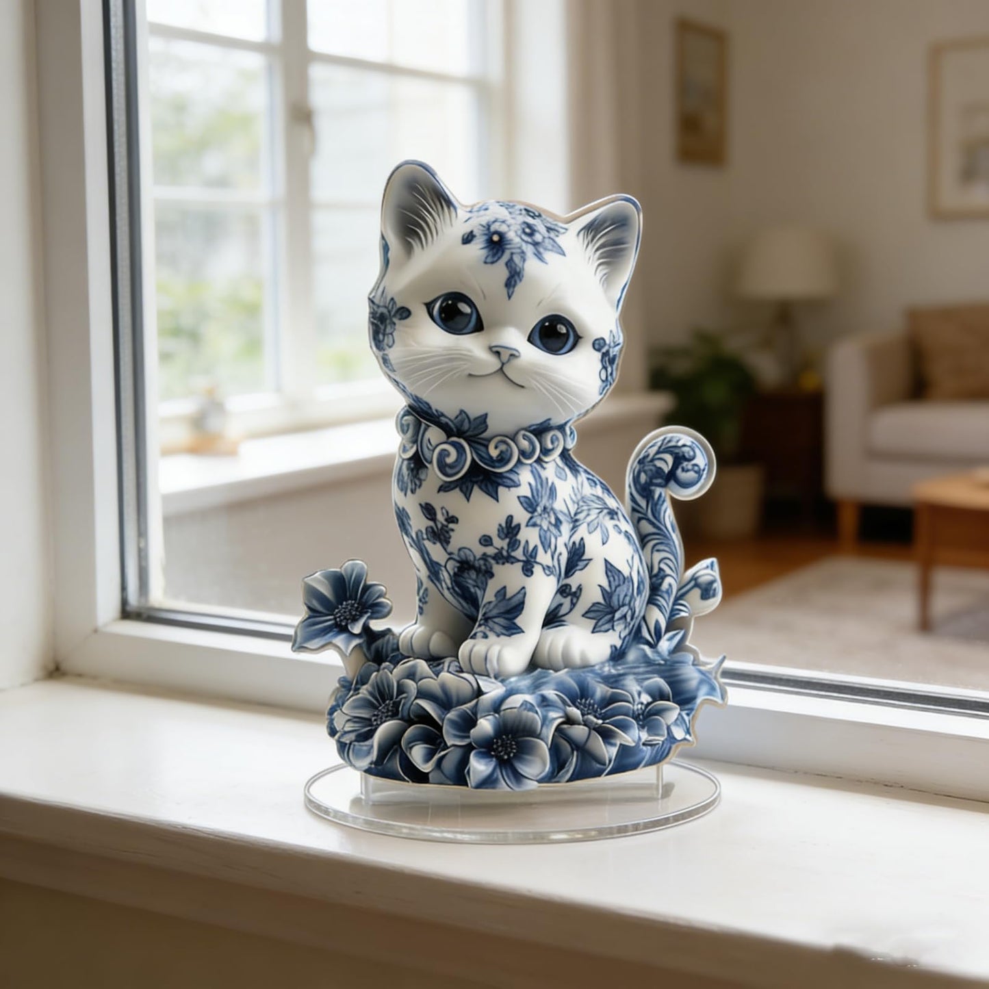 Desktop Standee, Rotatable Elf Acrylic Stand, 2D Flat Art Fairy and Peacock Tabletop Decorative Ornament, Home Study Room Bookshelf Office Creative Decor Supplies (Blue and white porcelain-cat)