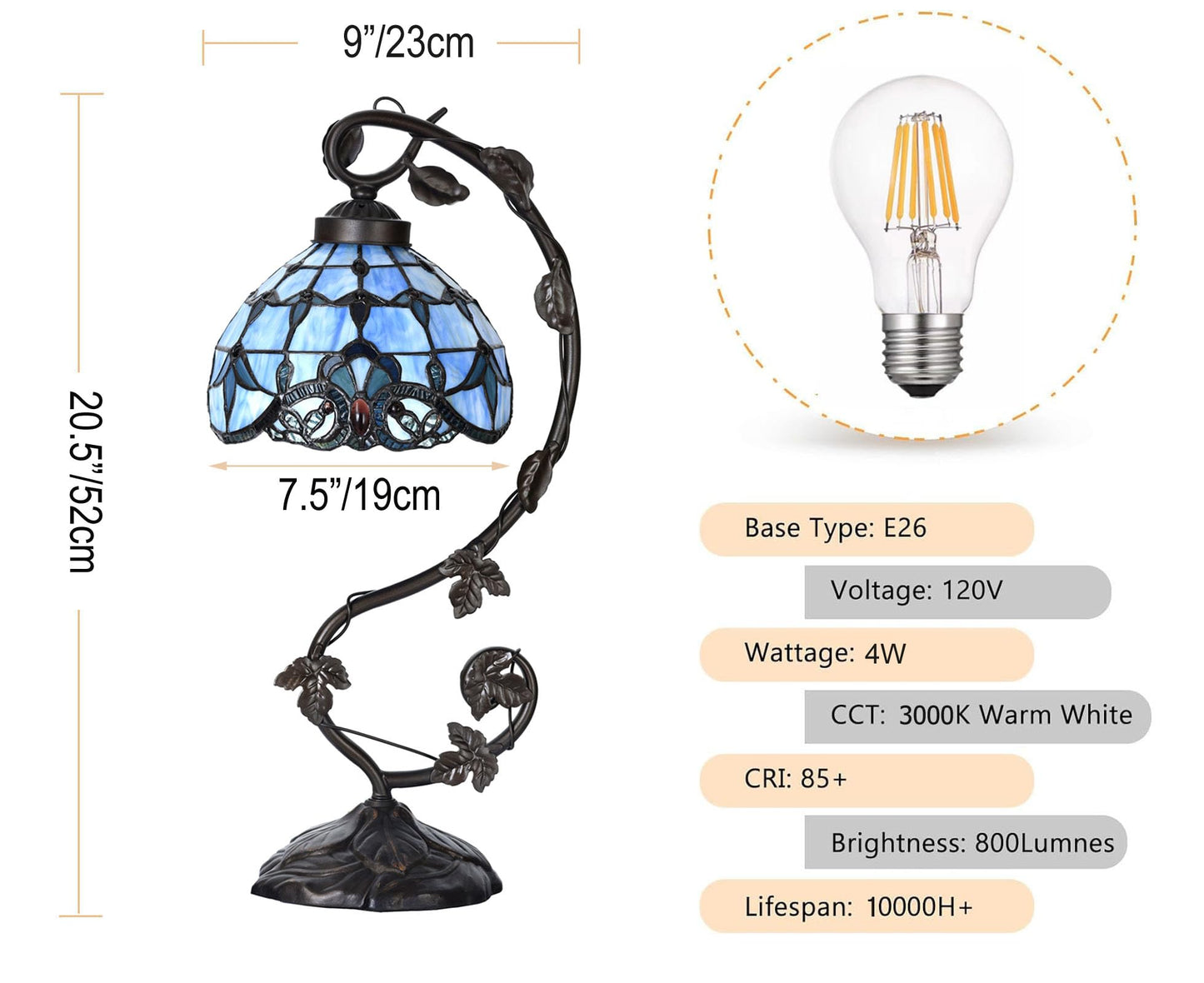 HomeBeauty TL0025 Tiffany Style Baroque Table Lamp-Stained Glass & Vine - Design for Bedroom Living Room, W 10 X H 20.5 Inches Overall, LED Bulb Included (Baroque)