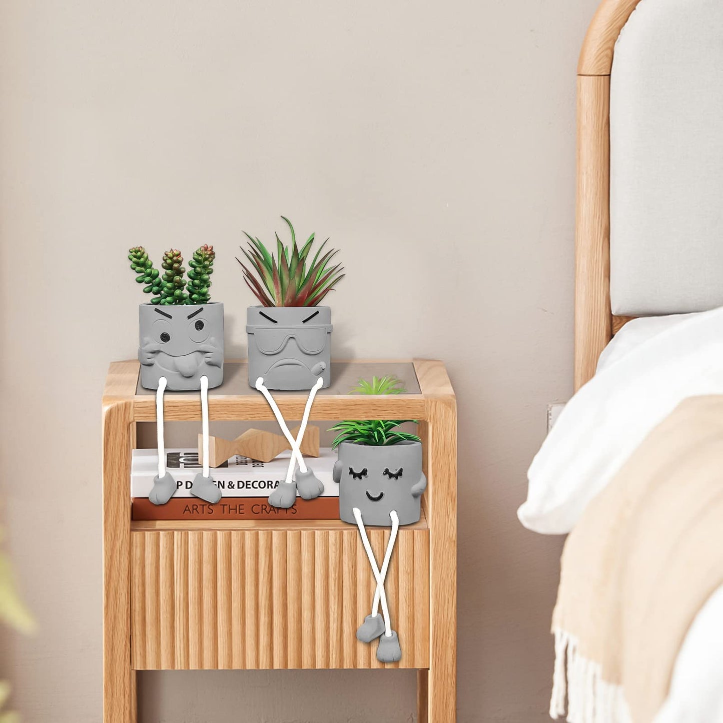 Zerzsy 3pcs Creative Artificial Succulents with Gray Flower Pots Bundle with 2PCS Cute Artificial Succulent Plants with Creative Human Shaped Pots