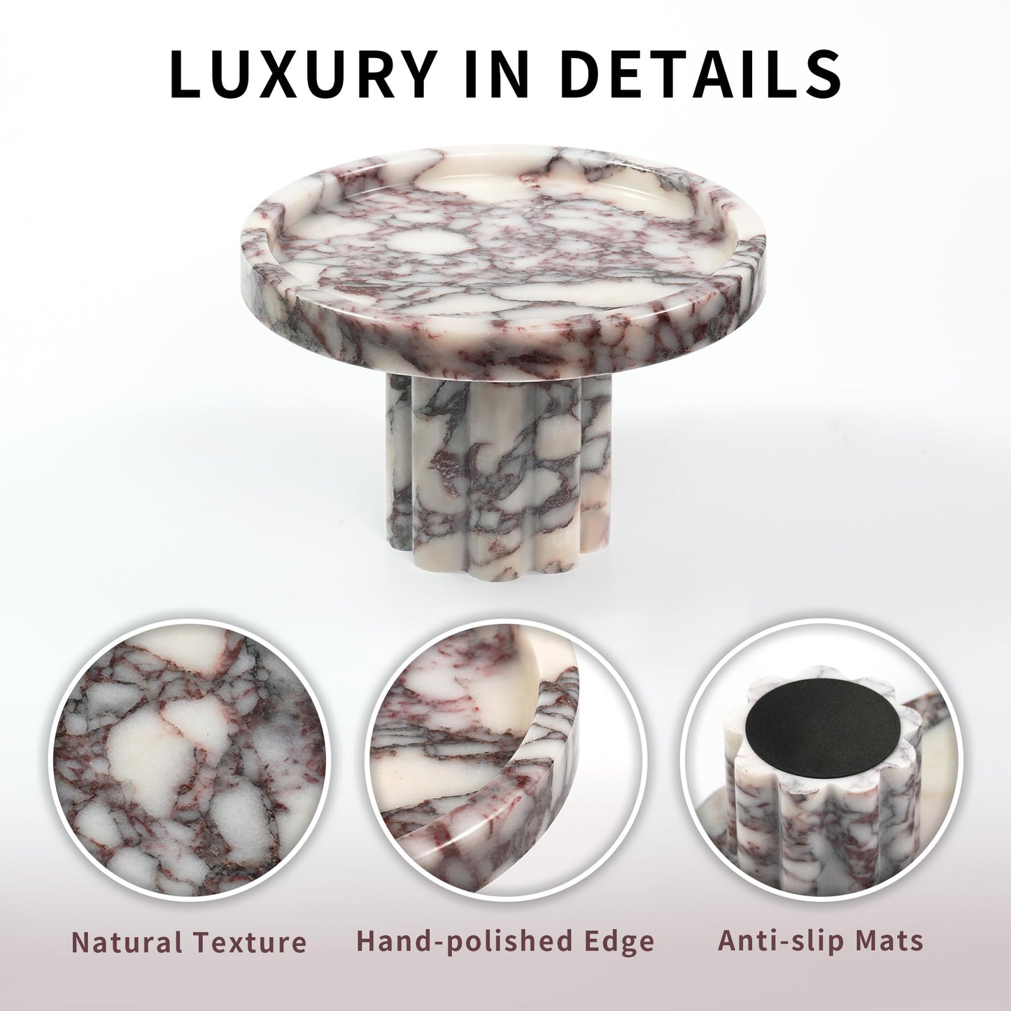 LWALMS Marble Perfume Tray with Legs - Round Decorative Stone Pedestal for Bathroom Vanity Coffee Table Kitchen Countertop, Footed Jewelry Candle Organizers Catchall Plate Riser with A Scalloped Leg