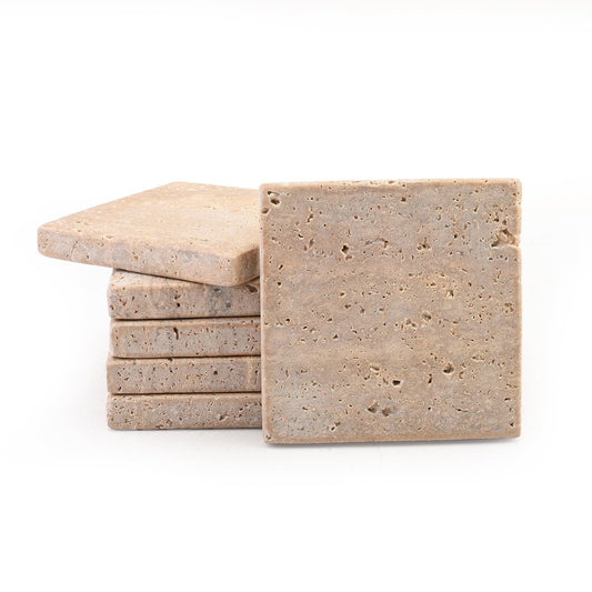 Perilla Home Handcrafted 4-4" Travertine Coaster - Set of 6 Square Coaster for Home, Kitchen or Office, Natural Absorbent Coasters for Hot & Cold Beverages Perfect Table Accessories for Modern Living
